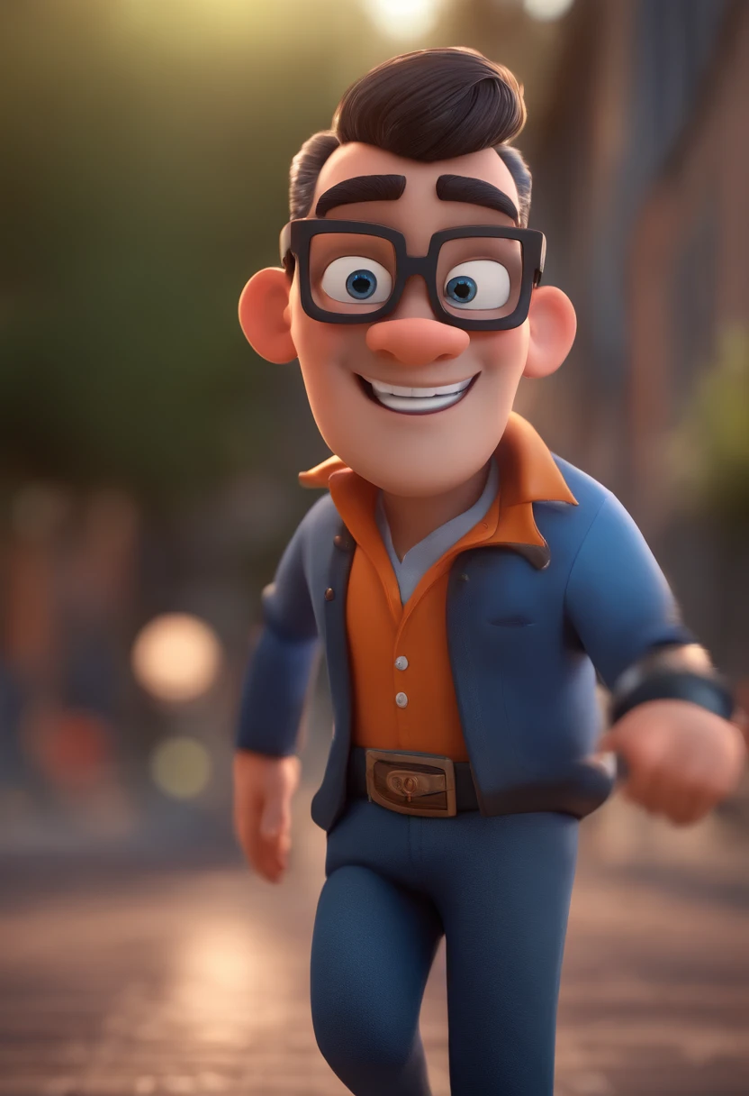 Cartoon character of a man with black glasses and a blue shirt, animation character, Caractere estilizado, animation style rendering, 3D estilizado, Arnold Maya render, 3 d render stylized, toon render keyshot, Personagem 3D, Personagem 3D, 3d rendering stylized, 3 d character render, personagem de desenho animado, Personagem de close up, Pose de personagem,  (Estilo Pixar) (master part:1.2) (Bokeh) (best quality) (pele detalhada) (textura detalhada) (8k) (argila) (Cinematic lighting) (foco nítido