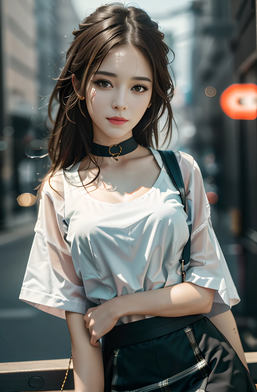 best quality, masterpiece, 1 girl, beautiful face, (photo photo:1.3), edge lighting, (high detail skin:1.2), 8k ultra hd, dslr camera, high quality, high resolution, 4k, 8k, bokeh, ridiculous, best ratio four fingers and one thumb, (realistic:1.3), cute 1girl, wearing black suspenders, medium breasts, short skirt,