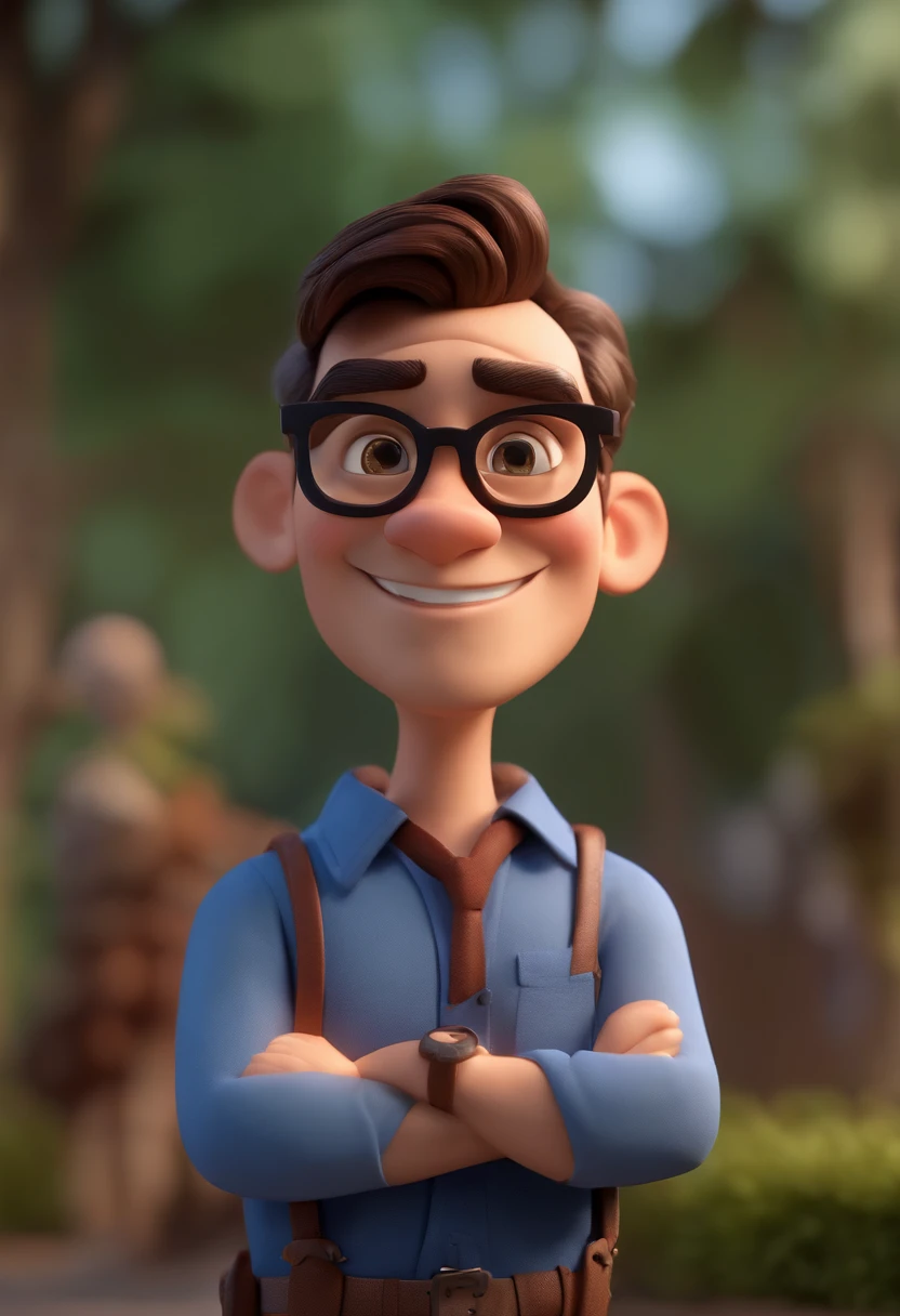 Cartoon character of a man wearing black glasses and a blue shirt, um personagem animado, Caractere estilizado, animation style rendering, 3D estilizado, Arnold Maya render, 3 d render stylized, toon render keyshot, Personagem 3D, Personagem 3D, 3d rendering stylized, 3 d character render, personagem de desenho animado, Personagem de close up, Pose de personagem, (Estilo Pixar) (master part:1.2) (Bokeh) (best quality) (pele detalhada) (textura detalhada) (8k) (argila) (Cinematic lighting) (foco nítido，Senta e vaza a parte superior do corpo