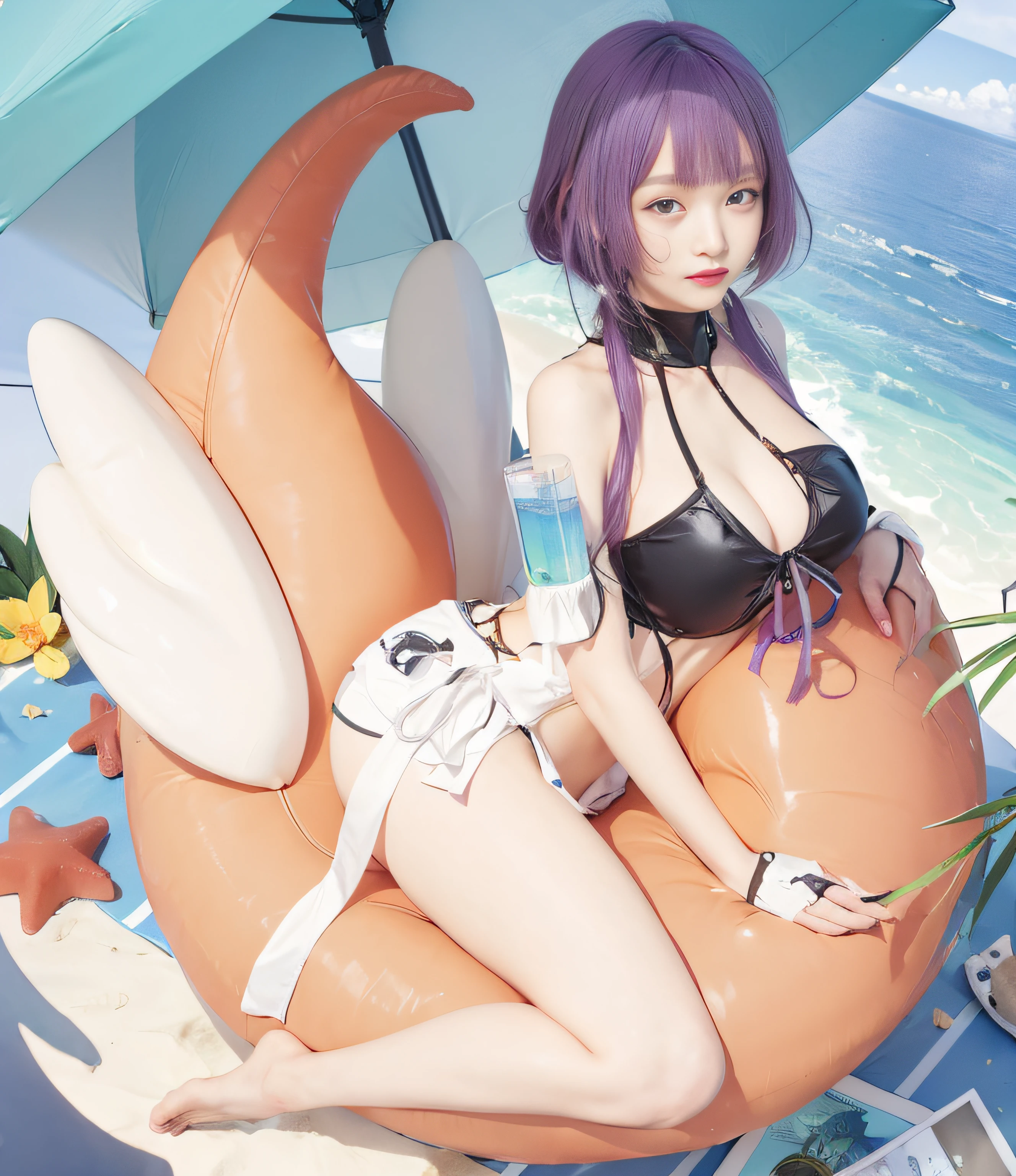 Anime girl in bikini sitting on a beach chair with an umbrella, roupa de banho, Realistic bikini, Impacto de Ayaka Genshin, is wearing a swimsuit, de s da linha de frente, na praia, Melhor Avaliado em Pixiv, Trend in CGTacing:, pixiv 3dcg |, ayaka jogo genshin impact, Relaxando na praia, menina sedutora, Marin Kitagawa Fanart