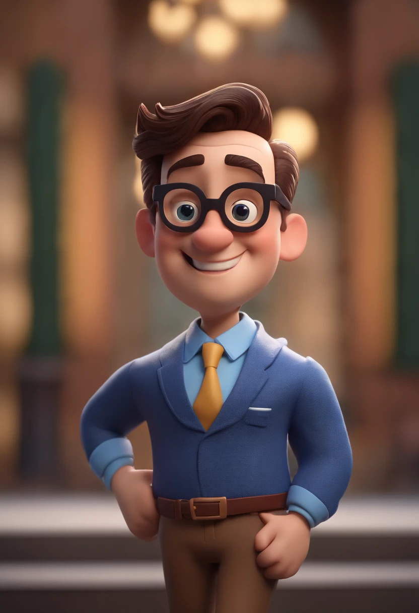 Cartoon character of a man wearing black glasses and a blue shirt, um personagem animado, Caractere estilizado, animation style rendering, 3D estilizado, Arnold Maya render, 3 d render stylized, toon render keyshot, Personagem 3D, Personagem 3D, 3d rendering stylized, 3 d character render, personagem de desenho animado, Personagem de close up, Pose de personagem, (Estilo Pixar) (master part:1.2) (Bokeh) (best quality) (pele detalhada) (textura detalhada) (8k) (argila) (Cinematic lighting) (foco nítido，Senta e vaza a parte superior do corpo