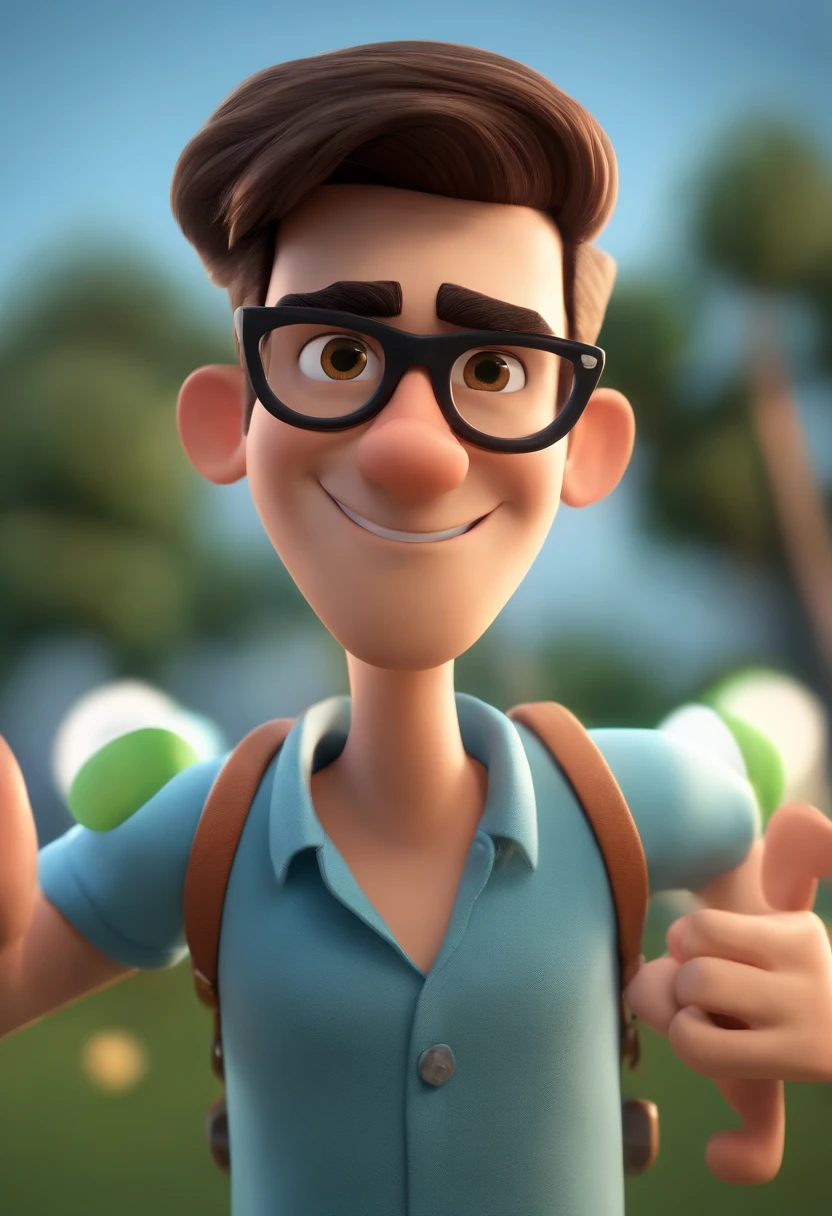 Cartoon character of a man wearing black glasses and a blue shirt, um personagem animado, Caractere estilizado, animation style rendering, 3D estilizado, Arnold Maya render, 3 d render stylized, toon render keyshot, Personagem 3D, Personagem 3D, 3d rendering stylized, 3 d character render, personagem de desenho animado, Personagem de close up, Pose de personagem, (Estilo Pixar) (master part:1.2) (Bokeh) (best quality) (pele detalhada) (textura detalhada) (8k) (argila) (Cinematic lighting) (foco nítido，Senta e vaza a parte superior do corpo