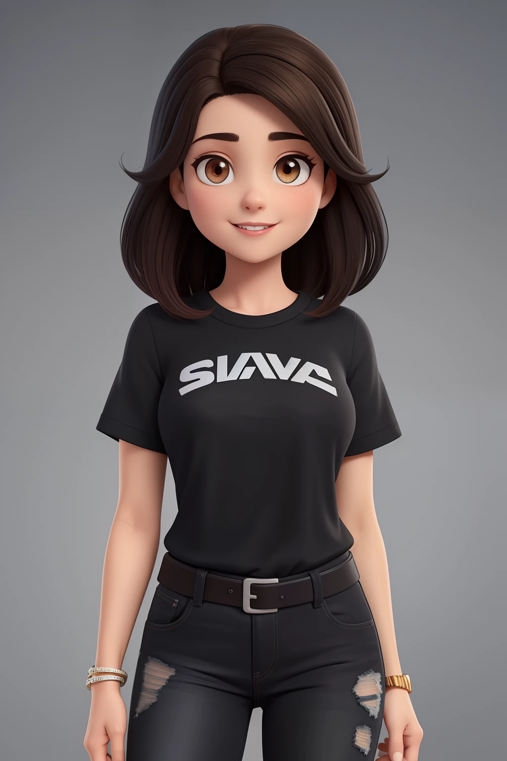 Uma mulher de 38 anos, with medium black hair, Rosto redondo, sorriso encantador, e olhos castanhos, roupa preta, colar com pingente, tenis allstar p She's wearing black clothes, blouse and black jeans, magra e baixa, homem acima do peso, alto, cabelo preto com fios branco