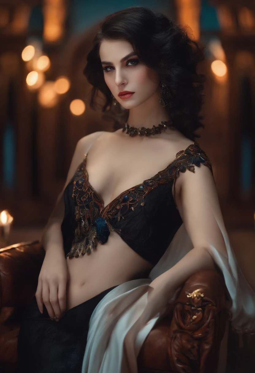 A beautiful European female sorceress, long black hair, medium breasts, perfect body, D&D aesthetic, (high detail plunging revealing magical robe), (cleavage), high detail face, high detail skin, inside a wizard's tower, wreathed in magic, reclining on lounge, 8k, HDR, high resolution, photo-realistic, cinematic lighting, depth of field, bokeh, rim lighting, backlit, cool colours, night