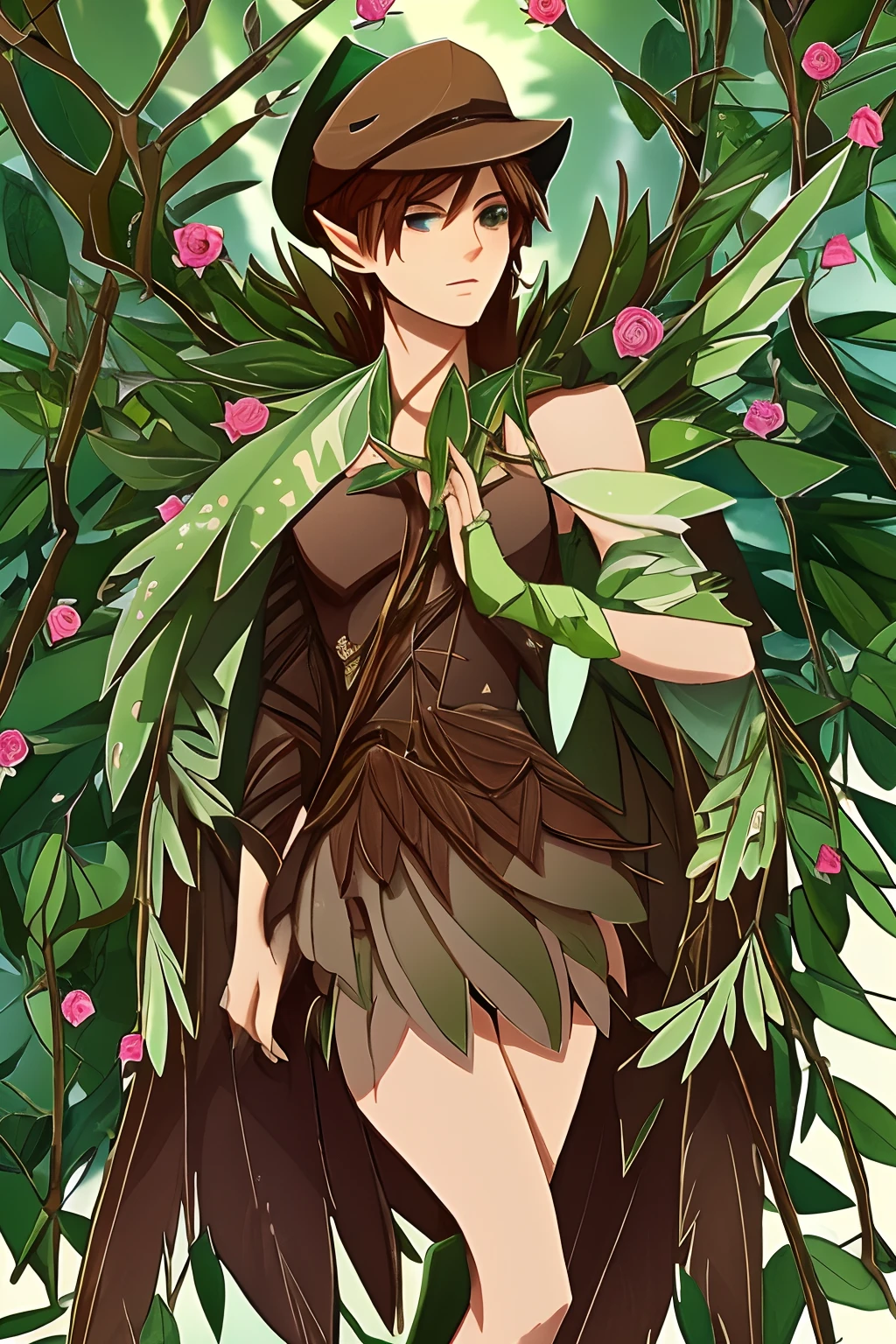 a genderless fairy with her brown hair and greenish green skin and her legs are stems of a dried rose with thorns and it reaches to her waist, wearing a lily of the valley as a hat and her wings are made of dry branches with dry leaves on each one of its branches