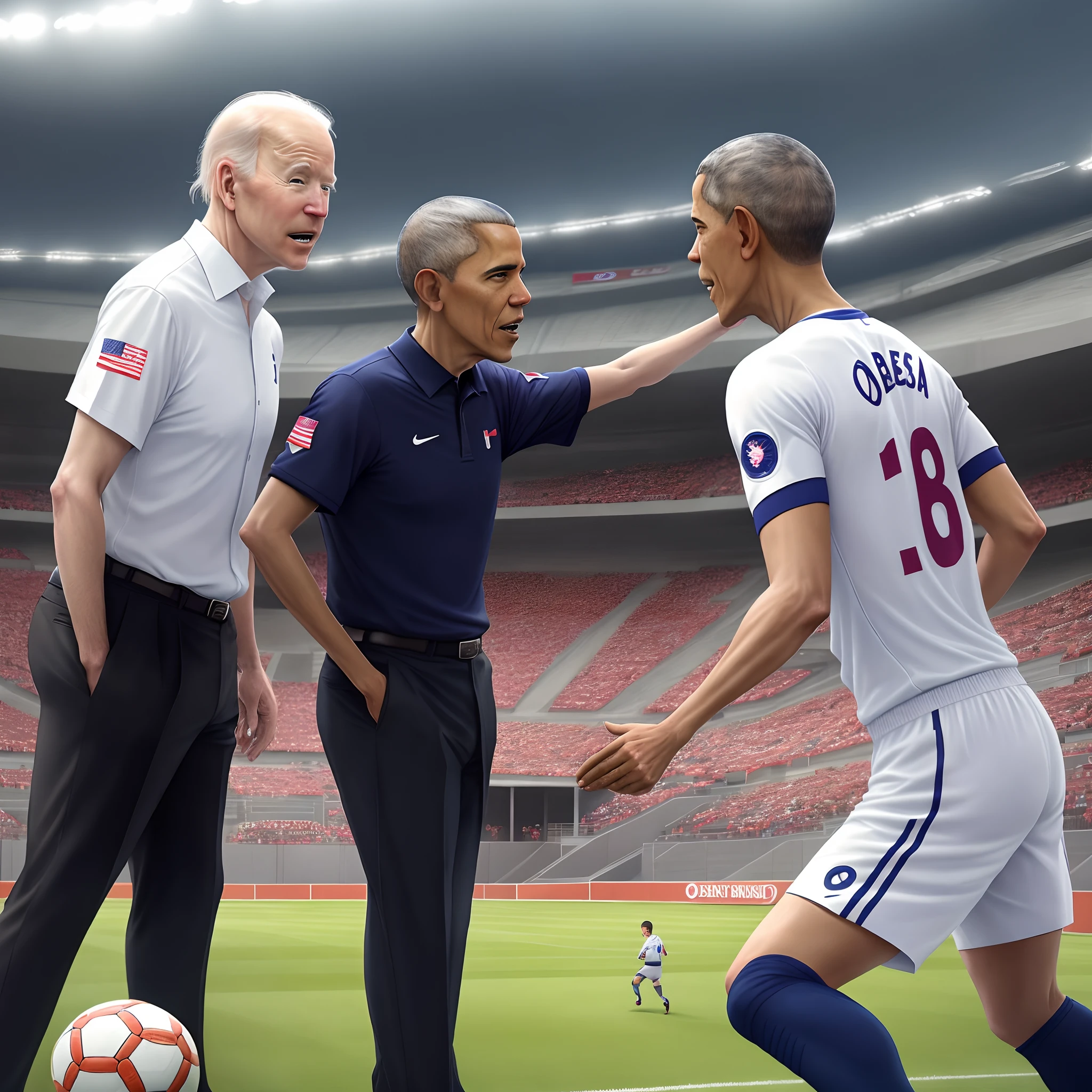 Joe Biden and Obama and trump playing soccer in a stadium