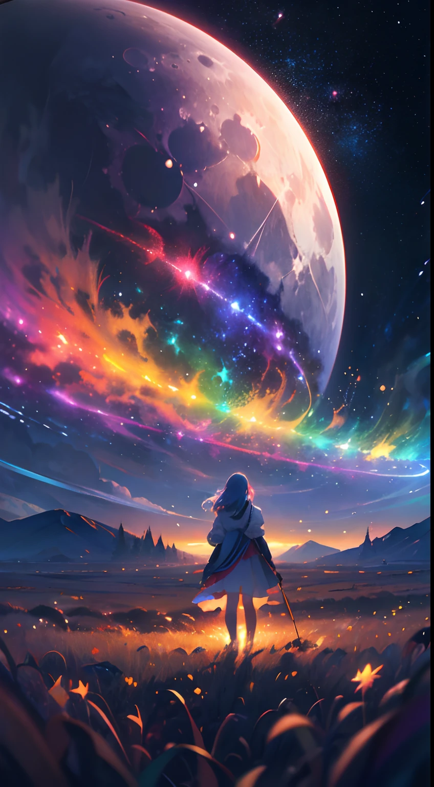 Vast landscape photo, (viewed from below, the sky is above and the open field is below), a girl standing in an empty field looking up, (full moon, psychedelic moon: 1.2), (meteor showers: 0.9), (nebula, cosmic: 1.3), distant mountains , Trees BREAK Crafting Art, (Warm Light: 1.2), Lights, Lots of cosmic colors, perfect color scheme, Intricate Details, Volumetric Lighting, Realism BREAK (perfect Masterpiece: 1.2), (Best Quality, best resolution), 4k, Ultra-Detailed, (Dynamic Composition, perfect composition: 1.4), Very Detailed, Colorful Details, (Rainbow Colors, vibrant colors, cosmic colors: 1.2), (Glow Lighting, Atmospheric Lighting), Dreamy, Magical, enchanted, cosmic, psychedelic, atmospheric, aesthetic (Solo: 1.2)