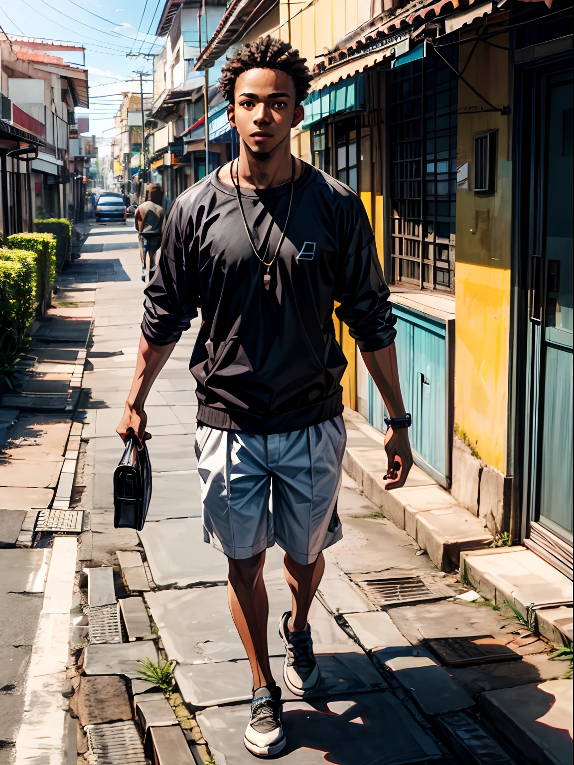 Photo realistic, light brown skin young man 125 pounds 5 foot 4 athletic build with long messy hair walking in the streets of Thailand 