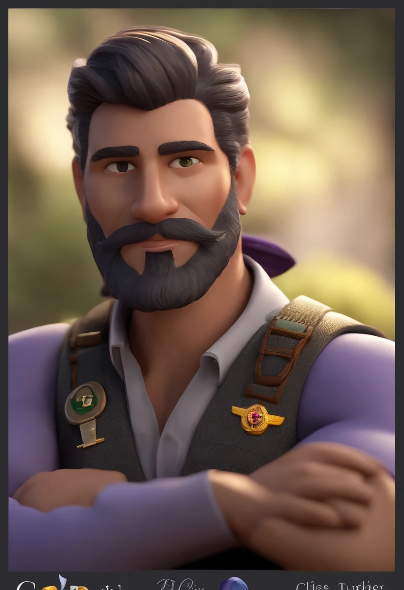 personagem dos desenhos animados de um homem com 30 anos, cabelos pretos, pele morena, medium-length gray beard, branca na frente. Usando uniforme escoteiro cor caqui, with Boy Scout scarf in lilac and white colors, animation character, Caractere estilizado, animation style rendering, 3D estilizado, Arnold Maya render, 3 d render stylized, toon render keyshot, Personagem 3D, Personagem 3D, 3d rendering stylized, 3 d character render, personagem de desenho animado, Personagem de close up, Pose de personagem, (Estilo Pixar) (master part:1.2) (Bokeh) (best quality) (pele detalhada) (textura detalhada) (8k) (argila) (Cinematic lighting) (foco nítido