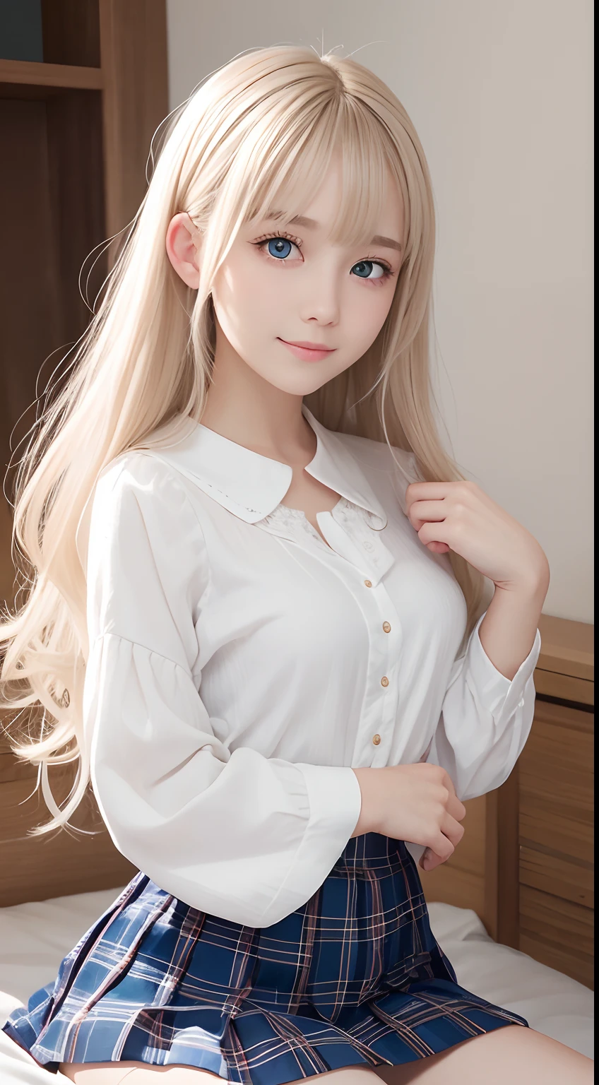 Smile、photorealisim、top-quality、超A high resolution、a picture、Photos of very beautiful Nordic-born girls、Extraordinarily beautiful girl、Detailed cute and beautiful happy face、(pureerosface_v1:0.008)、Beautiful bangs、alice in the wonderland、ar old、Glowing white shiny skin、Bangs that extend to the face、Bangs between the eyes、length hair、Attractive bright natural platinum blonde silky hair、Cute hairstyles、finer hair、High-definition eyes、Beautiful, Bright and clear、Big light blue eyes shine charmingly、Uniform Uniform、plaid pleated skirt、eye liner、Double eyelids、Lush medium semi-nude bust、clevage、Perfect beautiful young body、Perfectly proportioned body、Bedrooms、sit on a bed、sit in