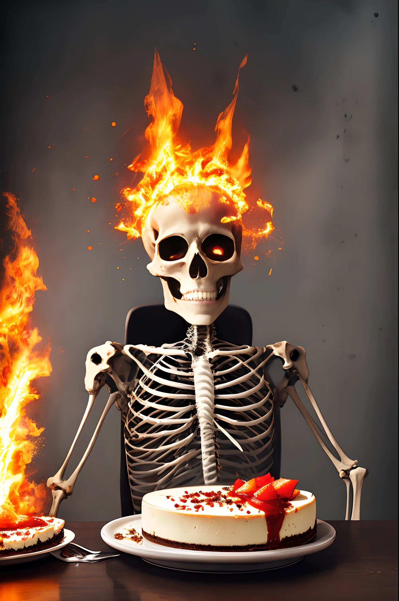 Skeleton on fire eating cheesecake