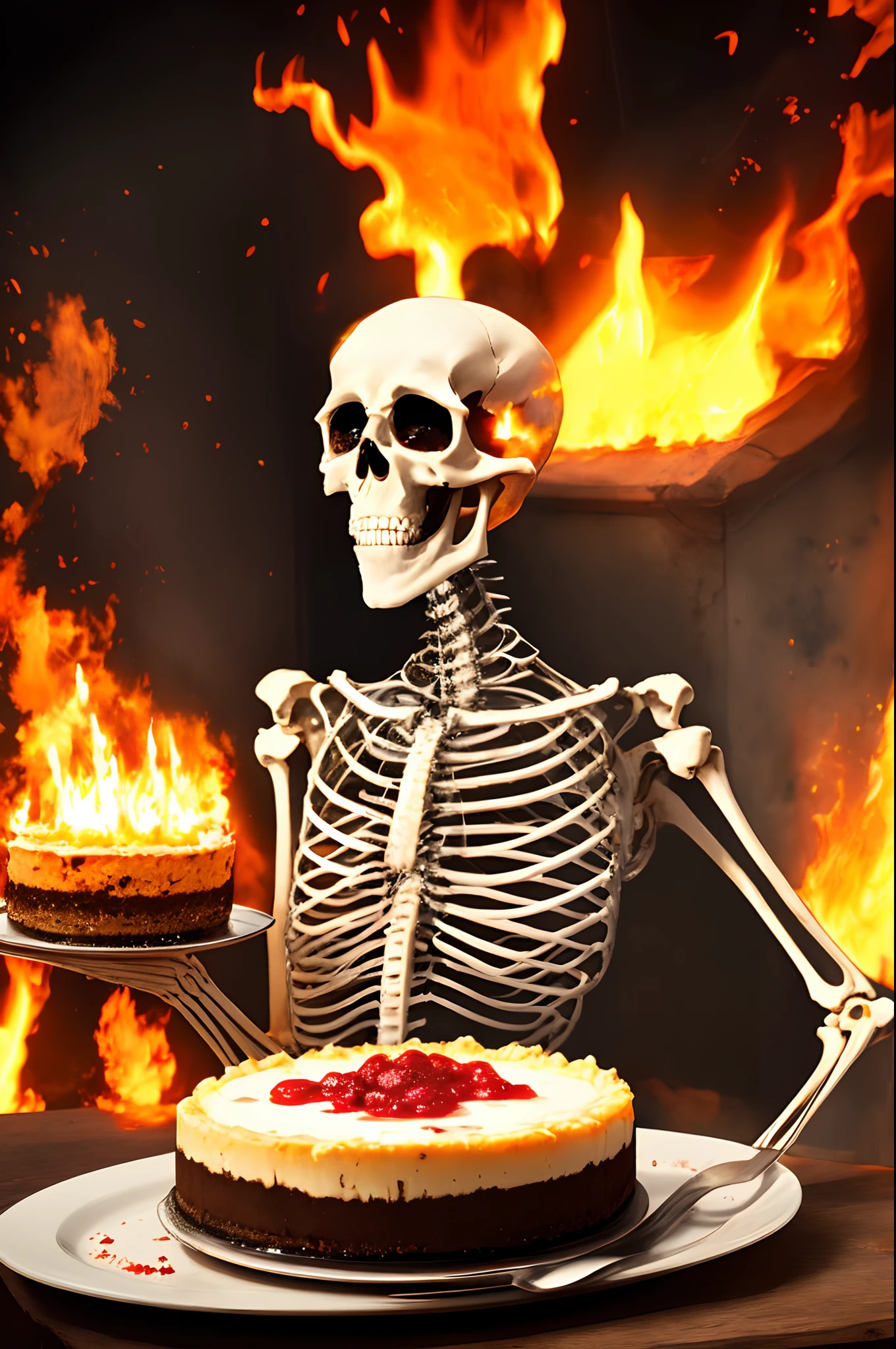 Skeleton on fire eating cheesecake