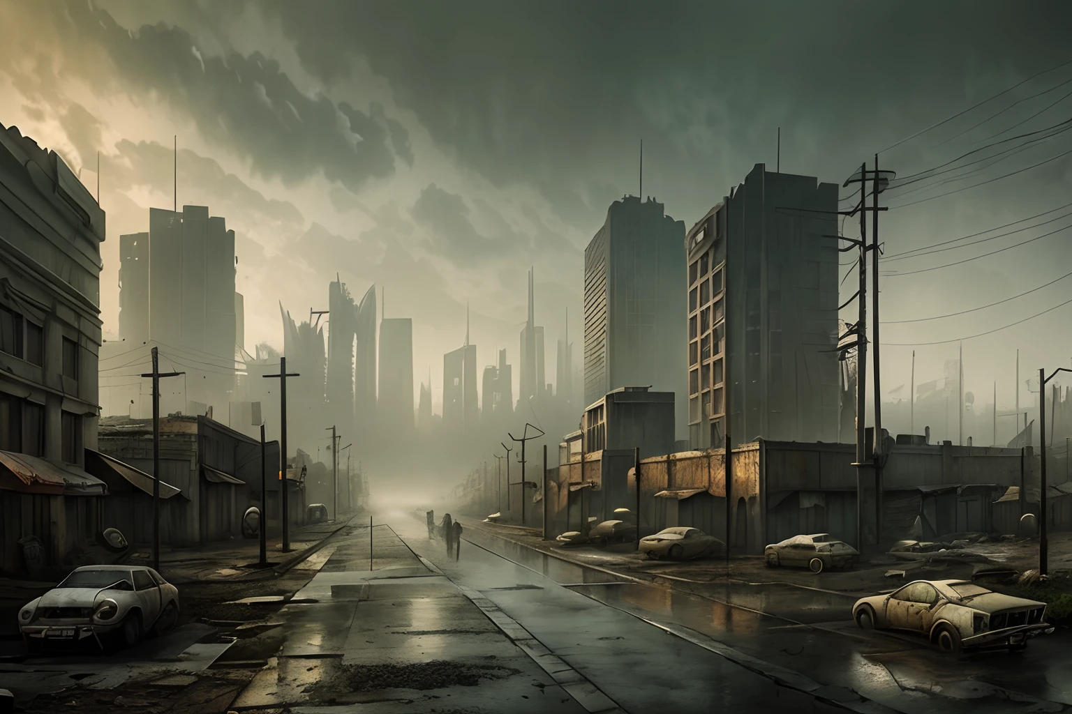 a post apocalyptic cityscape, muted colors, hyperrealism, fog, dark atmosphere, hdr, rainy, intricate details, fallout style