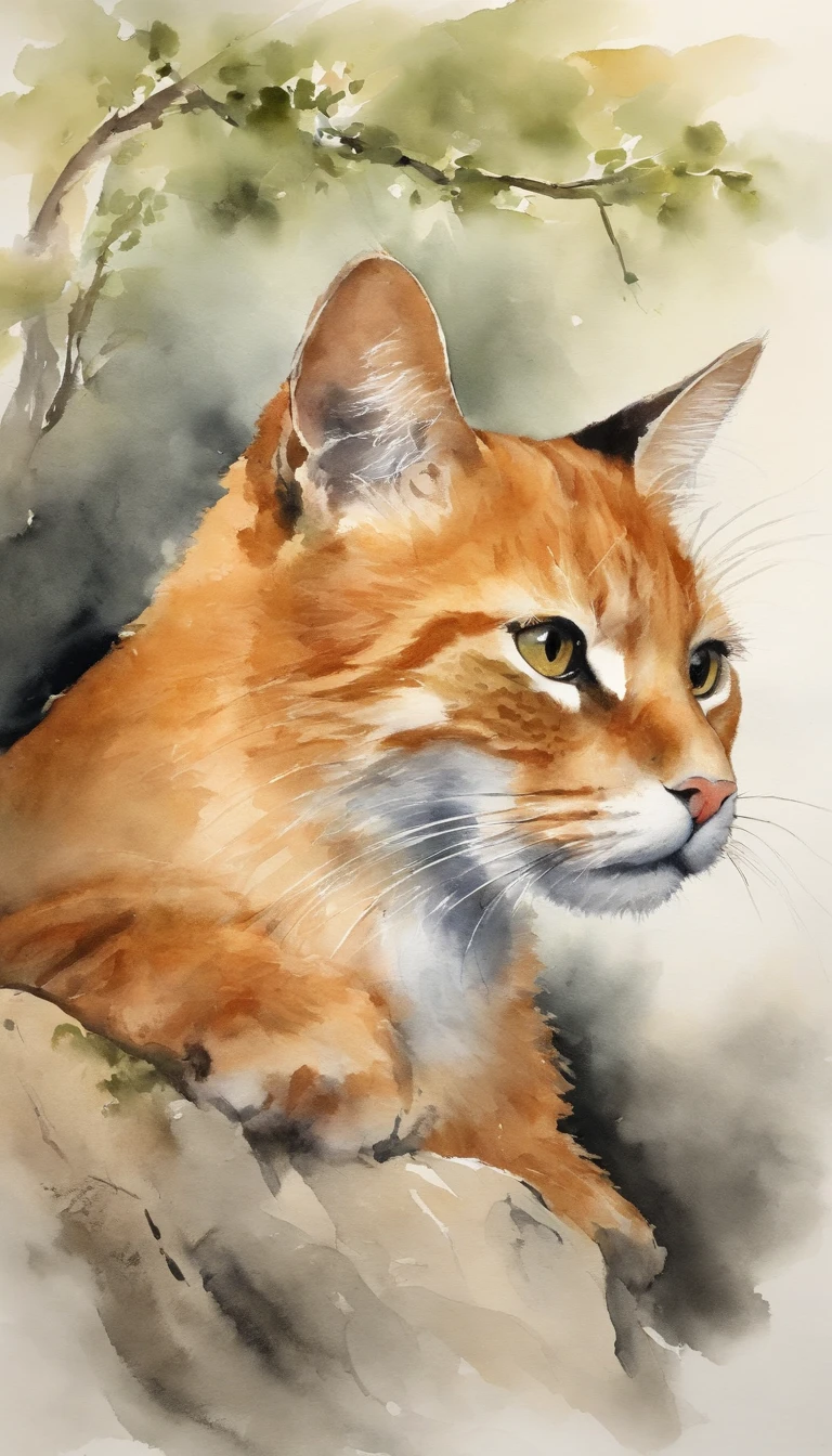 An orange cat sits on a rock under a tree, chinese watercolor style, chinese painting style, chinese style painting, Traditional Chinese Ink Painting, Authors:Great Sea, traditional Chinese painting, Authors:Shen Maoe, Authors:Park Hua, Authors:Ya as a man, Authors:Dai Jin, Authors:by Qu Leilei, Chinese ink painting, by Ai Xuan