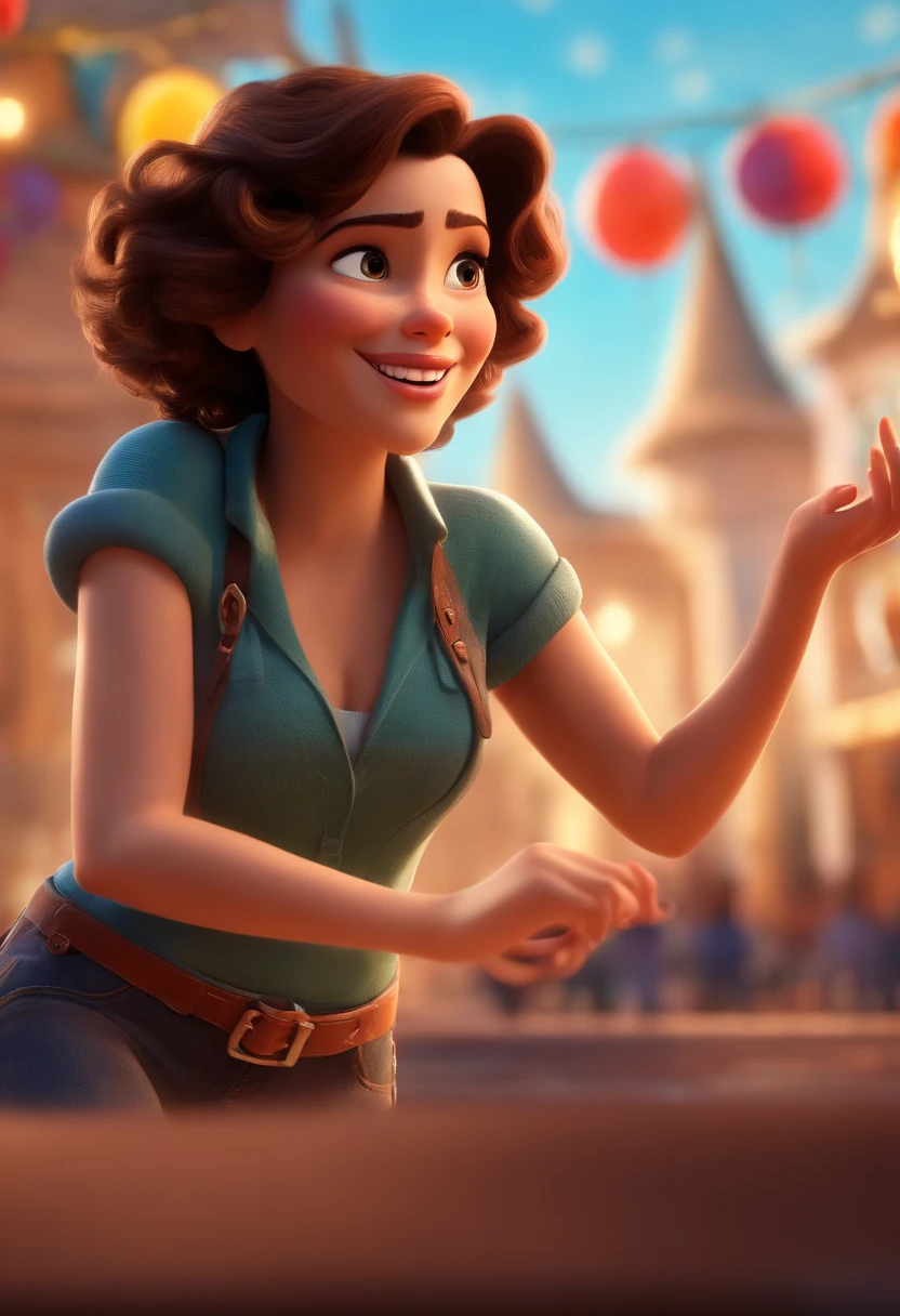 Pixar style image with 3D character brunette woman short curly hair dancing, Maquiagem Disney,Pescador, bonitinho, sorridente ,Close-up, Pixar, Disney, Cinema lighting, tatuagem, piercing no nariz