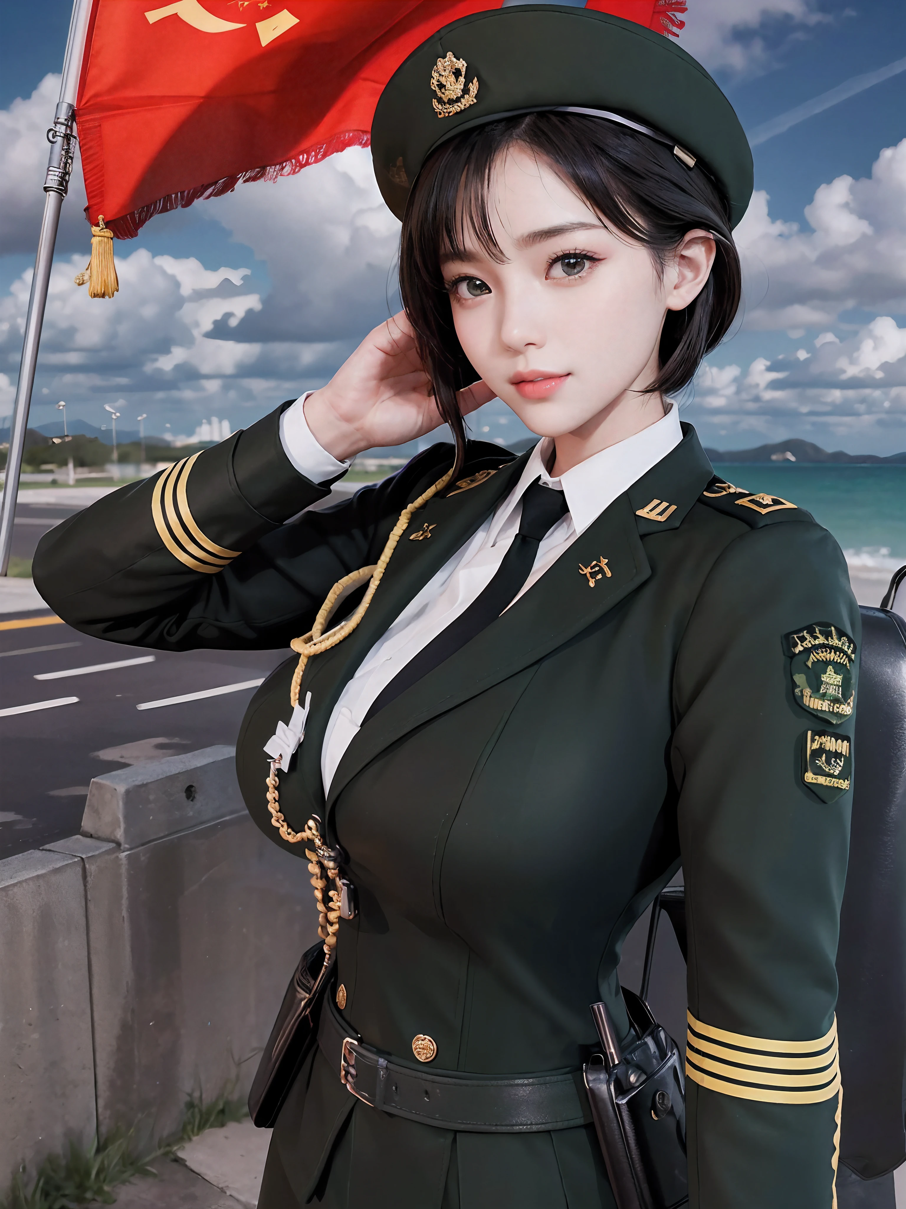 Very detailed CG unity 8K wallpaper，（tmasterpiece），（best qualtiy），（ultra - detailed），（Ultra photo realsisim），（best character detail：1.36），Nikon D750 f / 1.4 55mm，profesional lighting， physically-based renderingt, 1girll, Female soldier，army suit，Green military uniform，Fabric texture military uniform，Pure white lining，Dark green tie，bucket-hat，Black hair，the golden ratio,[:(com rosto detalhado:1.2):0.2]:,PureErosFace_V1, broad shoulder,(Bigchest:1.5),(big assa:1.5)，Soaked with sweat，Place your hands on your chest，red flags，At the cafe，Splendid scenery，bright sun，upper body photos，Flag of China，A bright smile，White teeth，lighting，Contre-Jour，