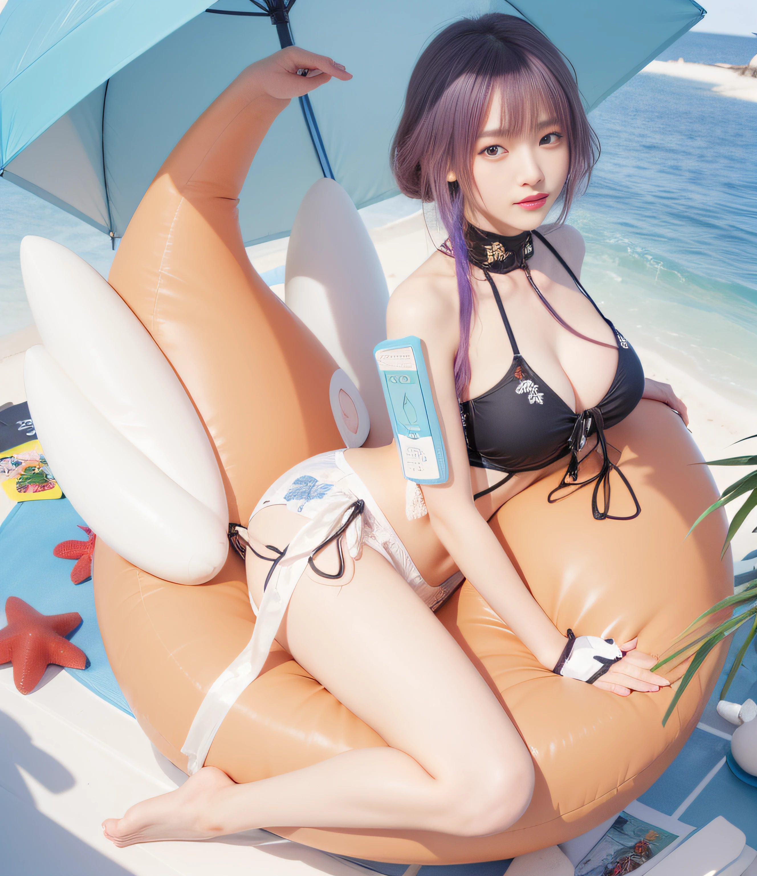 Anime girl in bikini sitting on a beach chair with an umbrella, roupa de banho, Realistic bikini, Impacto de Ayaka Genshin, is wearing a swimsuit, de meninas da linha de frente, na praia, Melhor Avaliado em Pixiv, Trend in CGTacing:, pixiv 3dcg |, ayaka jogo genshin impact, Relaxando na praia, menina anime sedutora, Marin Kitagawa Fanart
