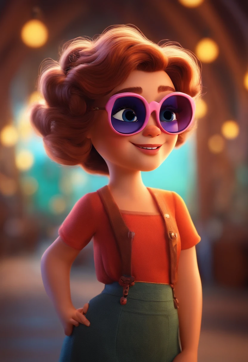 Pixar style image with 3D sunglasses character,mulher clara, cabelo loiro liso longo, andando, Maquiagem Disney, bonitinha, sorridente , Pixar, Disney, Cinema lighting,