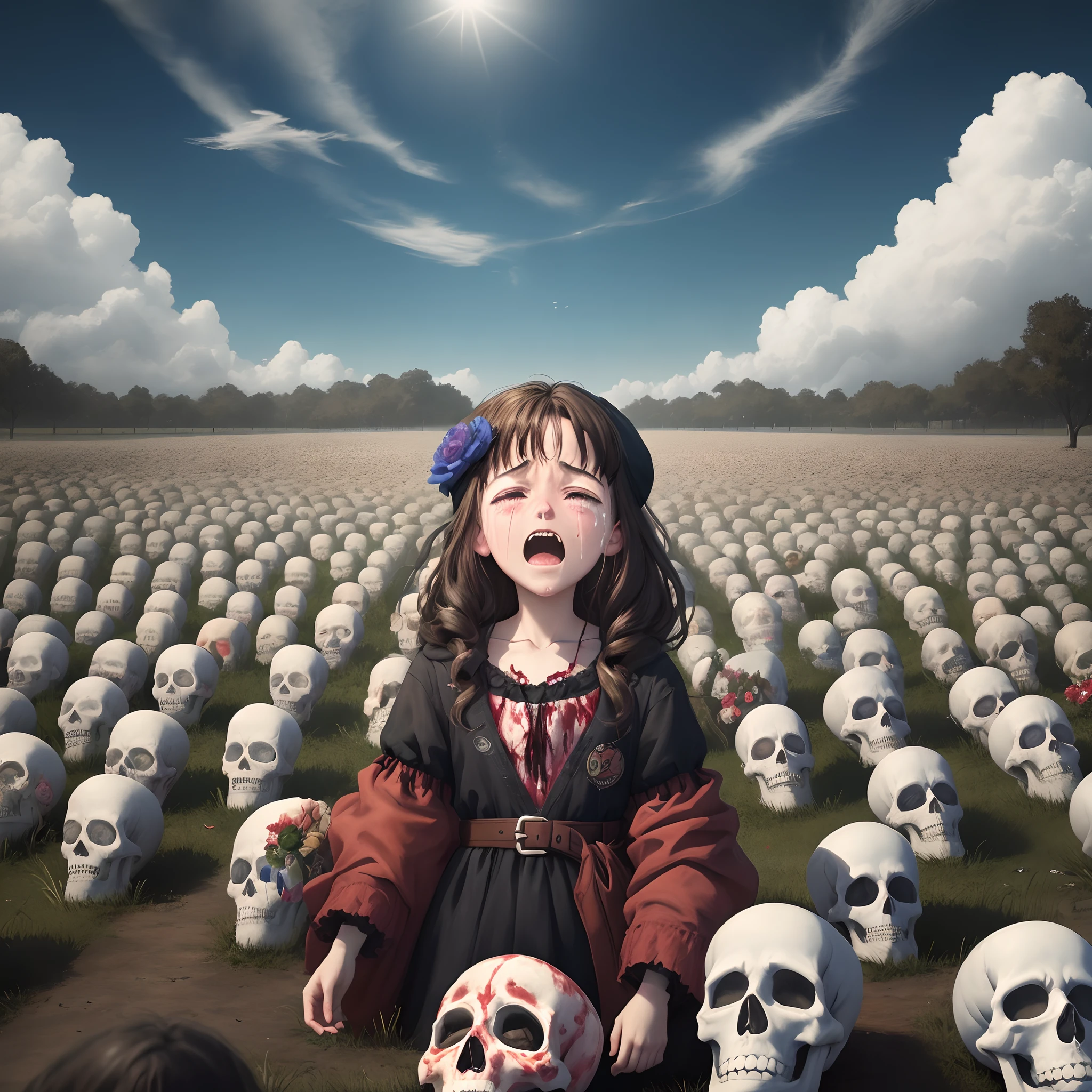 Imagen que a lo lejos se vea una multitudes de gente al otro lado muertos y en la parte de arriba caiga gotas de sangre como si el cielo llorara