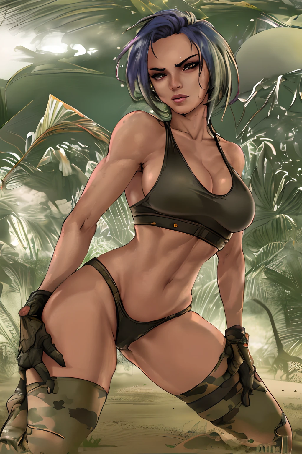 (best quality,4k,8k,highres,masterpiece:1.2),ultra-detailed,(realistic,photorealistic,photo-realistic:1.37),beautiful detailed eyes,beautiful detailed lips,extremely detailed eyes and face,longeyelashes,1girl,strong posture,body painting,desert camouflage,sharp focus,vivid colors,sand and dust,serious expression,confident stance,wet skin,sexy stare,Wetting clothes effect,vibrant sunlight,war zone ambiance,sunlit desert,military theme,soldier attire,Leona from The King of Fighters,charismatic,posing with attitude,powerful physique,mysterious aura,military maneuvers,blazing sun,guerrilla tactics,desert warfare,combat-ready,image of strength and femininity,desert warrior,fierce and seductive,lethal and alluring,tropical camouflage,severe outfit,contrast of camouflage and bare skin,strikingly sexy military look,wearing a vest and panty.