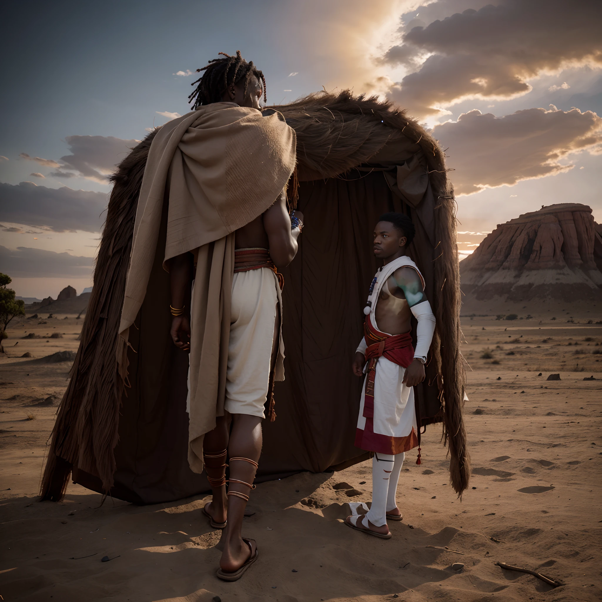 Back side view of  full body shot of african man dressed in ancient african clothes made of hides and fur, looking at the red sky with a face protruding, red sky in shape of a face, giving a grey and white colour grading in the scene, colour grading reminiscent of interstellar movie by Christopher Nolan, cinematic lighting, artgerm style, 32k, ultra HD, unreal engine rendered, hyper-realistic image,