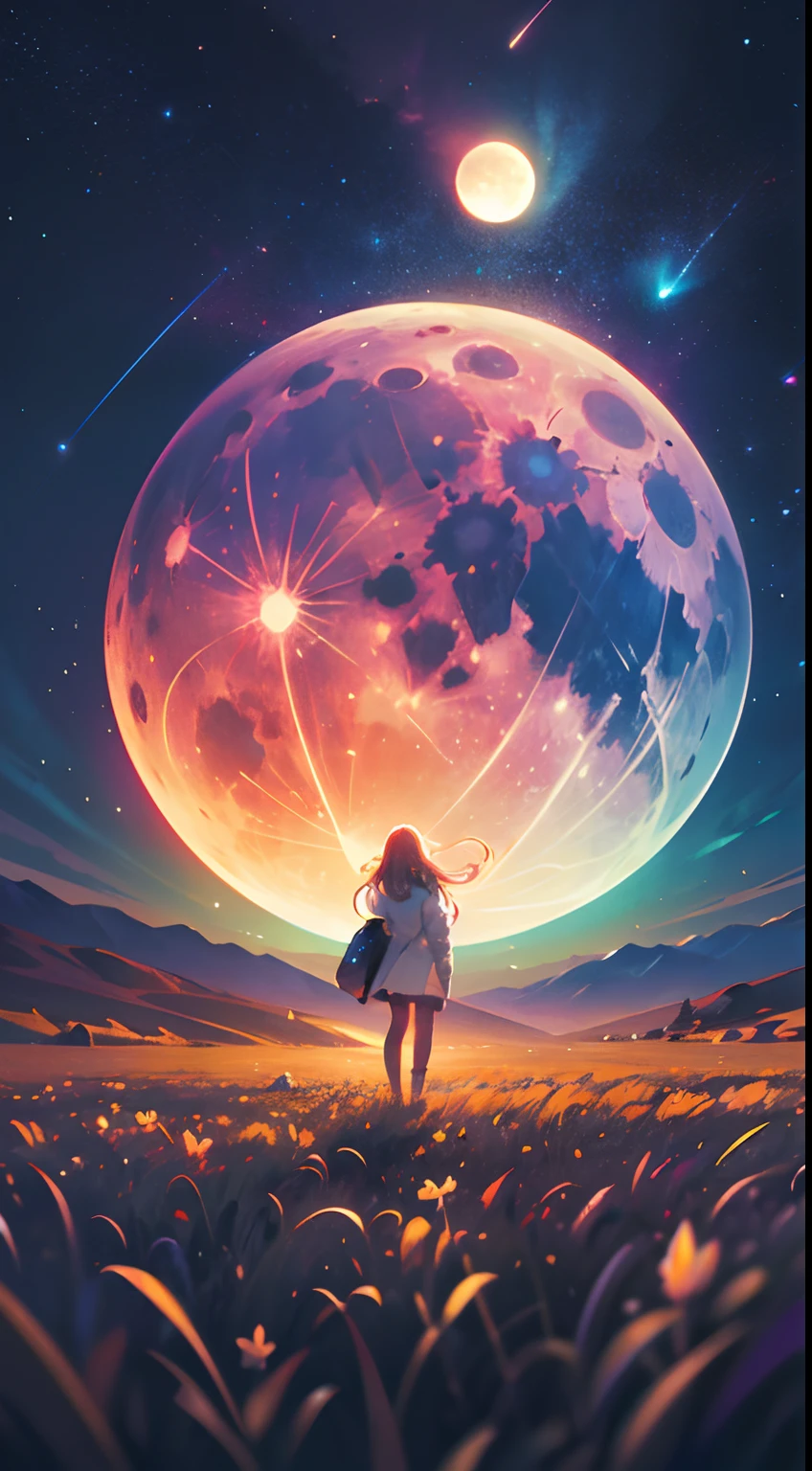 Vast landscape photo, (viewed from below, the sky is above and the open field is below), a girl standing in an empty field looking up, (full moon, psychedelic moon: 1.2), (meteor showers: 0.9), (nebula, cosmic: 1.3), distant mountains , Trees BREAK Crafting Art, (Warm Light: 1.2), Lights, Lots of cosmic colors, perfect color scheme, Intricate Details, Volumetric Lighting, Realism BREAK (perfect Masterpiece: 1.2), (Best Quality, best resolution), 4k, Ultra-Detailed, (Dynamic Composition, perfect composition: 1.4), Very Detailed, Colorful Details, (Rainbow Colors, vibrant colors, cosmic colors: 1.2), (Glow Lighting, Atmospheric Lighting), Dreamy, Magical, enchanted, cosmic, psychedelic, atmospheric, aesthetic (Solo: 1.2)