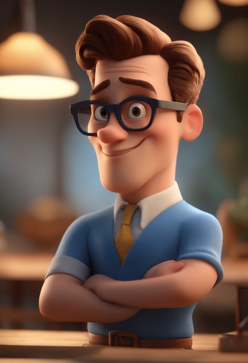 Cartoon character of a man with black glasses and a blue shirt, animation character, Caractere estilizado, animation style rendering, 3D estilizado, Arnold Maya render, 3 d render stylized, toon render keyshot, Personagem 3D, Personagem 3D, 3d rendering stylized, 3 d character render, personagem de desenho animado, Personagem de close up, Pose de personagem,  (Estilo Pixar) (master part:1.2) (Bokeh) (best quality) (pele detalhada) (textura detalhada) (8k) (argila) (Cinematic lighting) (foco nítido