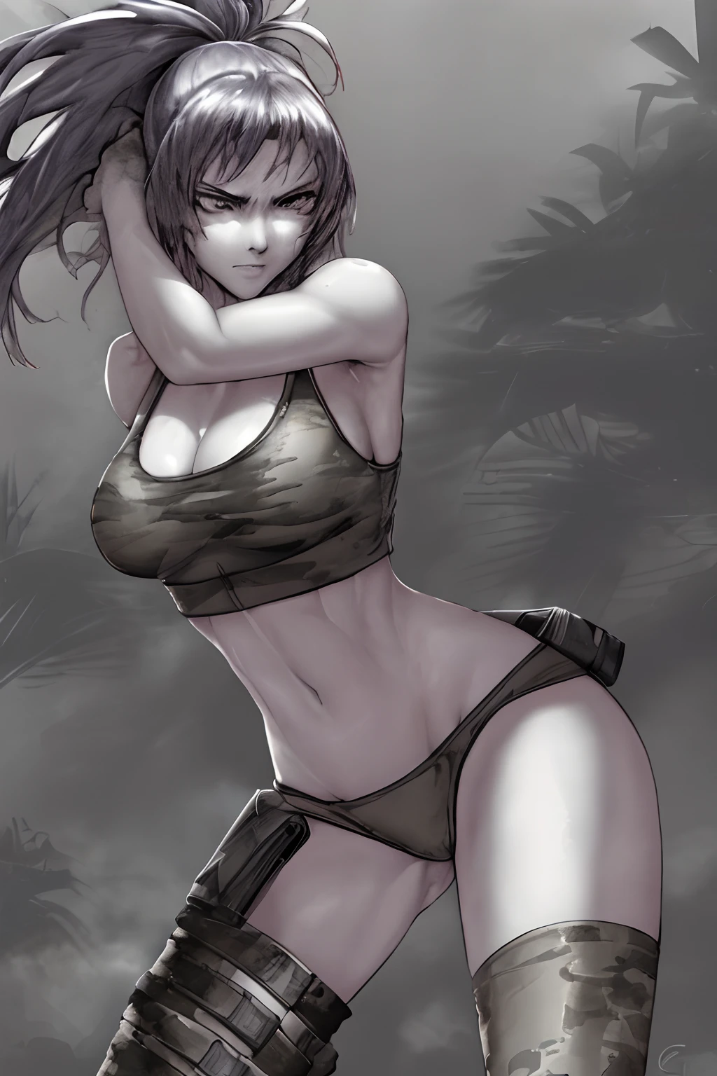A serious, sexy pose of Leona from The King of Fighters, wearing a military vest and panty, with a naked upper body. The scene is set in a scorching hot desert, with the sun shining brightly. Leona stands in a guerrilla stance, surrounded by tropical vegetation. Her body is covered in camouflage paint, which is slightly wet from the intense heat. The image should be of the best quality, with ultra-detailed features and a photorealistic rendering. The colors should be vivid, with a warm color tone to reflect the desert environment. The lighting should emphasize the strong sunlight and create a sense of intensity.