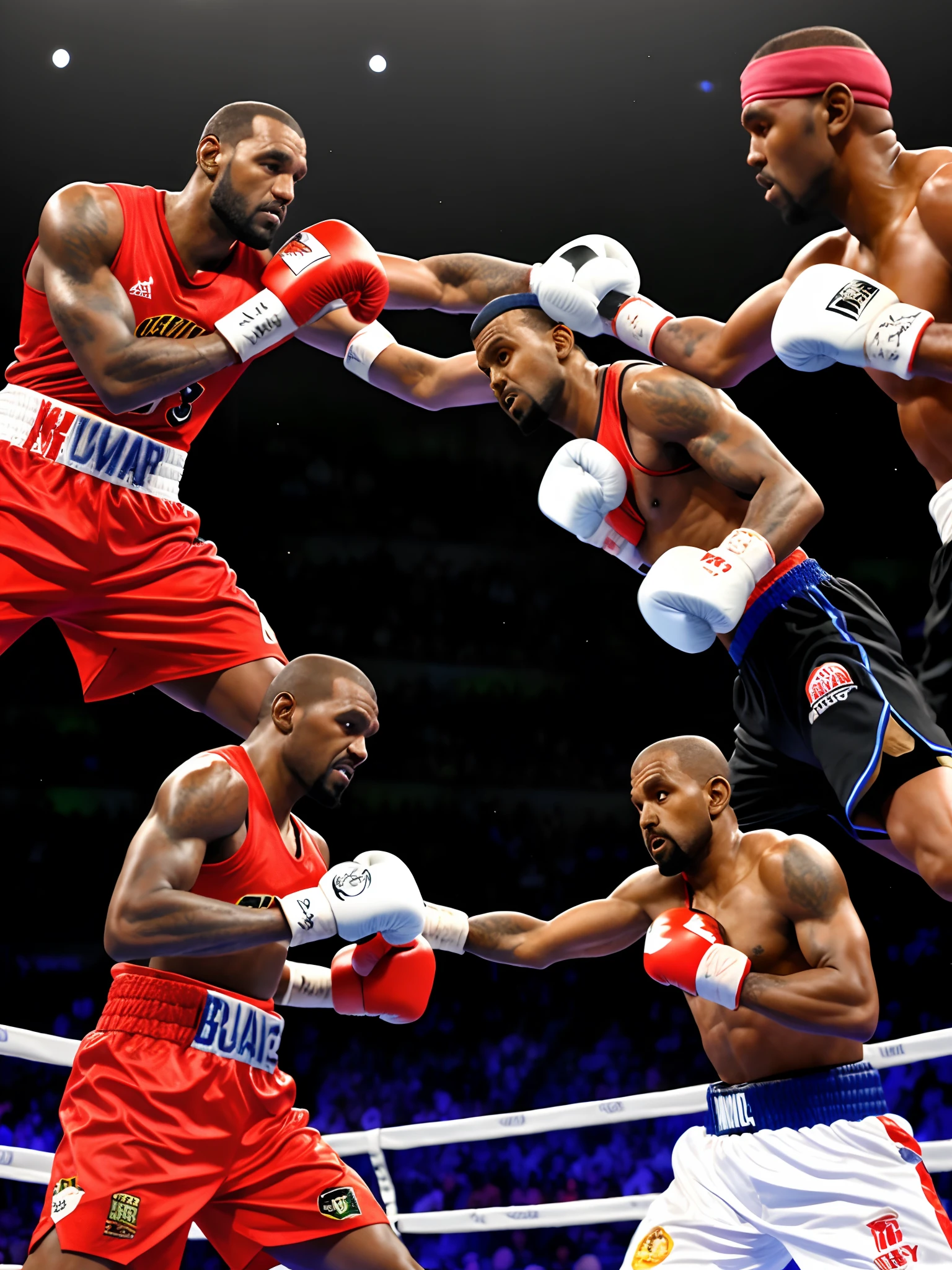 Lebron and Kanye boxing on an erupting volcano with flying lizards