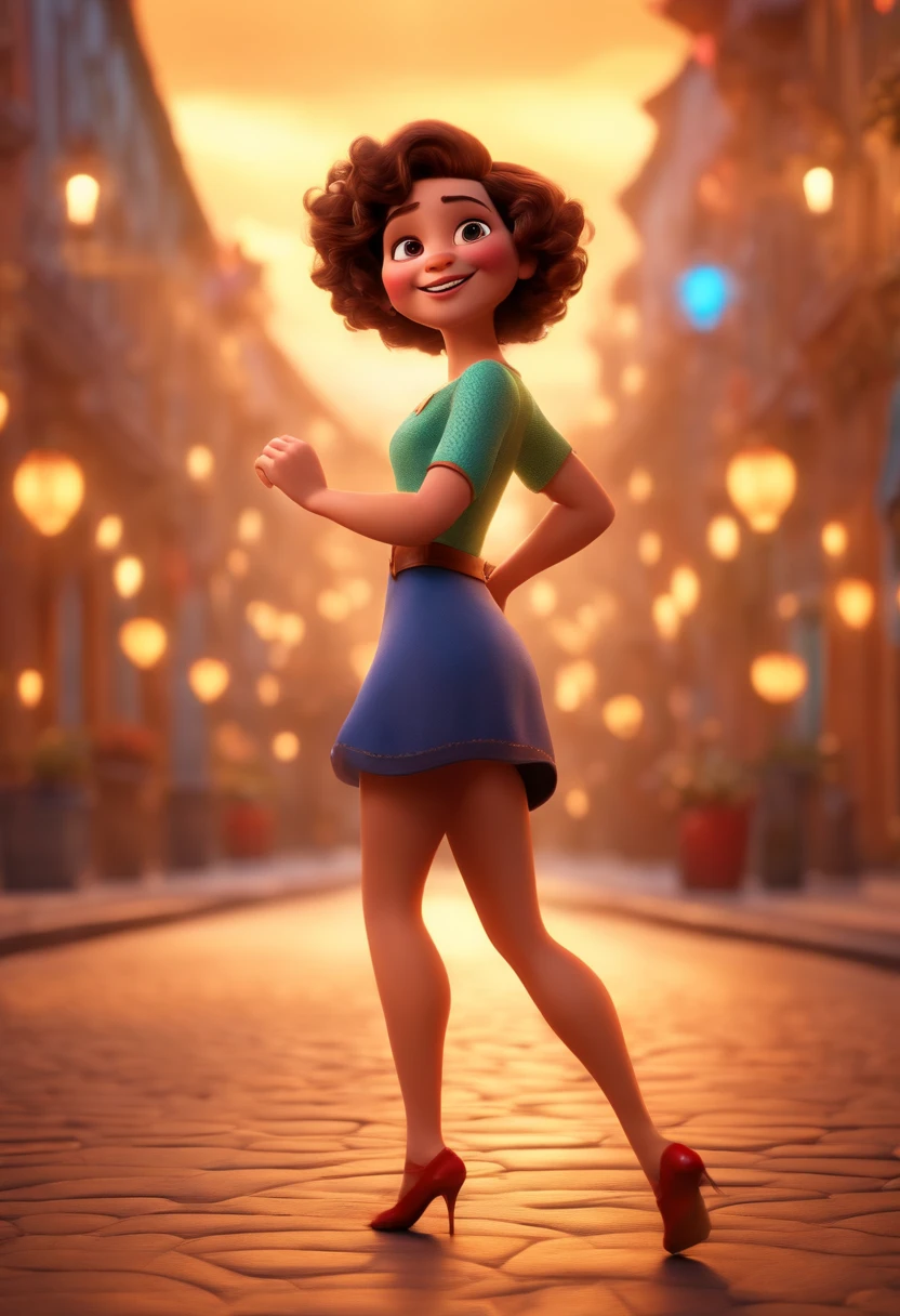 Pixar style image with 3D character brunette woman short curly hair dancing, Maquiagem Disney, bonitinho, sorridente ,Close-up, Pixar, Disney, Cinema lighting, tatuada