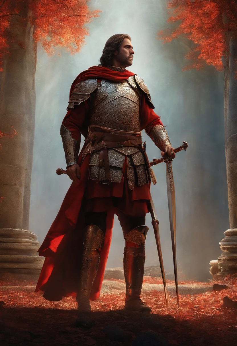 guerreiro romano, moribundo , armadura sangrenta, no campo de batalha, standing with a spear, epics, 8k, He's holding Hellma in his hand,