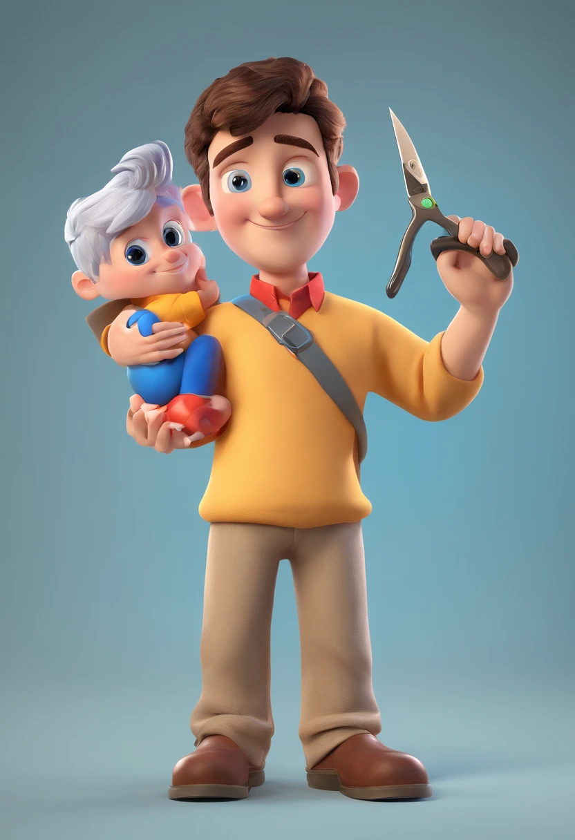 Estilo Pixar: The grown man is holding a naked blue-eyed boy and in his other hand he is holding a pair of scissors and is trying to cut off the boy's testicles,3D Poster,Disney
