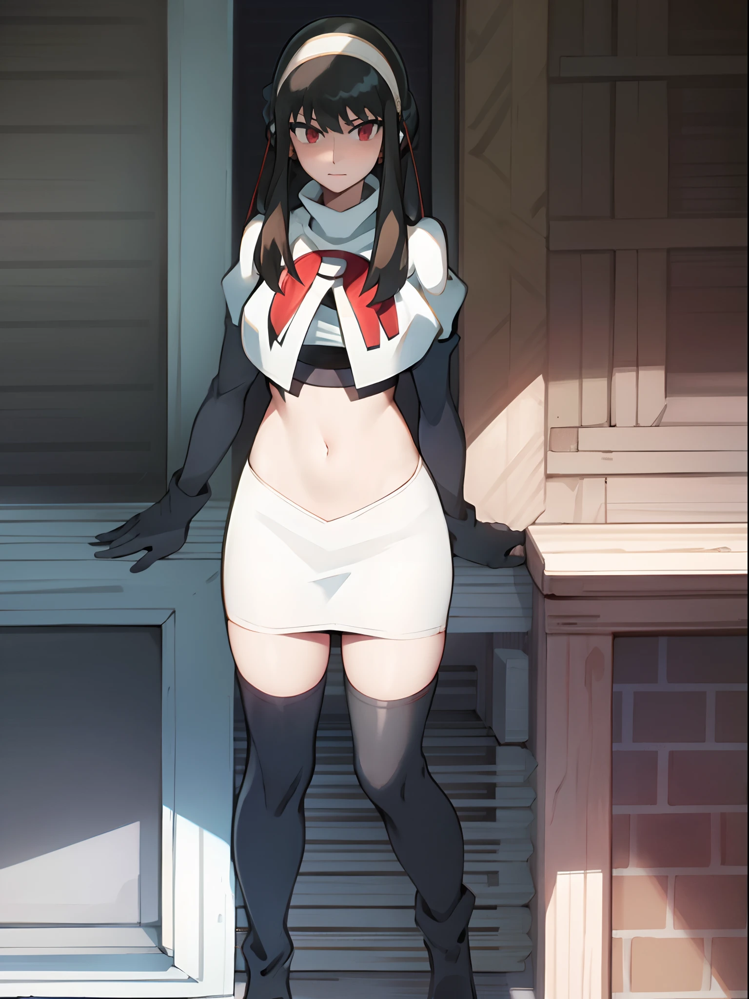 1girl, cute, from below, ((naked pussy)), dark hair, school, ((pussy)), ((looking down)), ((looking at viewer)), (black tights), ((thicc thighs)), sitting, bottom view, (heels), (scared)