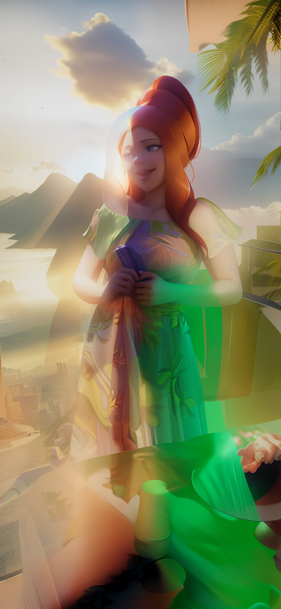 There's a woman in a green dress standing on a balcony, Rio de Janeiro em um filme de anime, filme ainda 8K, maia realista, nice afternoon lighting, renderizado em sfm, looking at sunset, animado ainda, anime estilo 3d, Close-up de corpo inteiro, animated film, semi-realistic rendering, animation still, 3 d render stylized