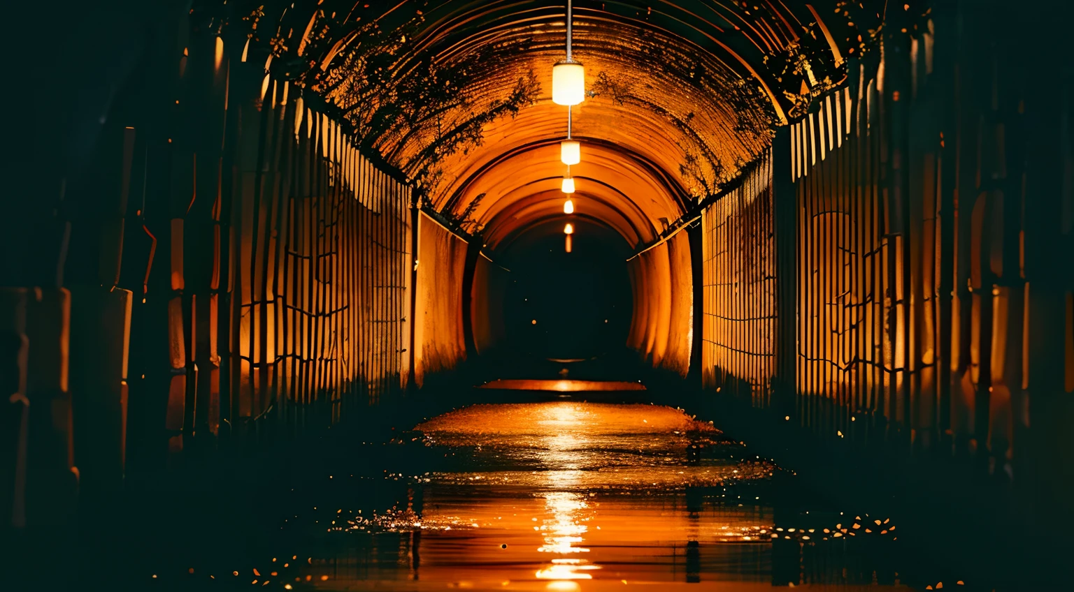 Inside a long pitch black tunnel with water, errie orange glow from above, tall orange autumn trees to the sides of the tunnel, ((surrounded by complete darkness))
