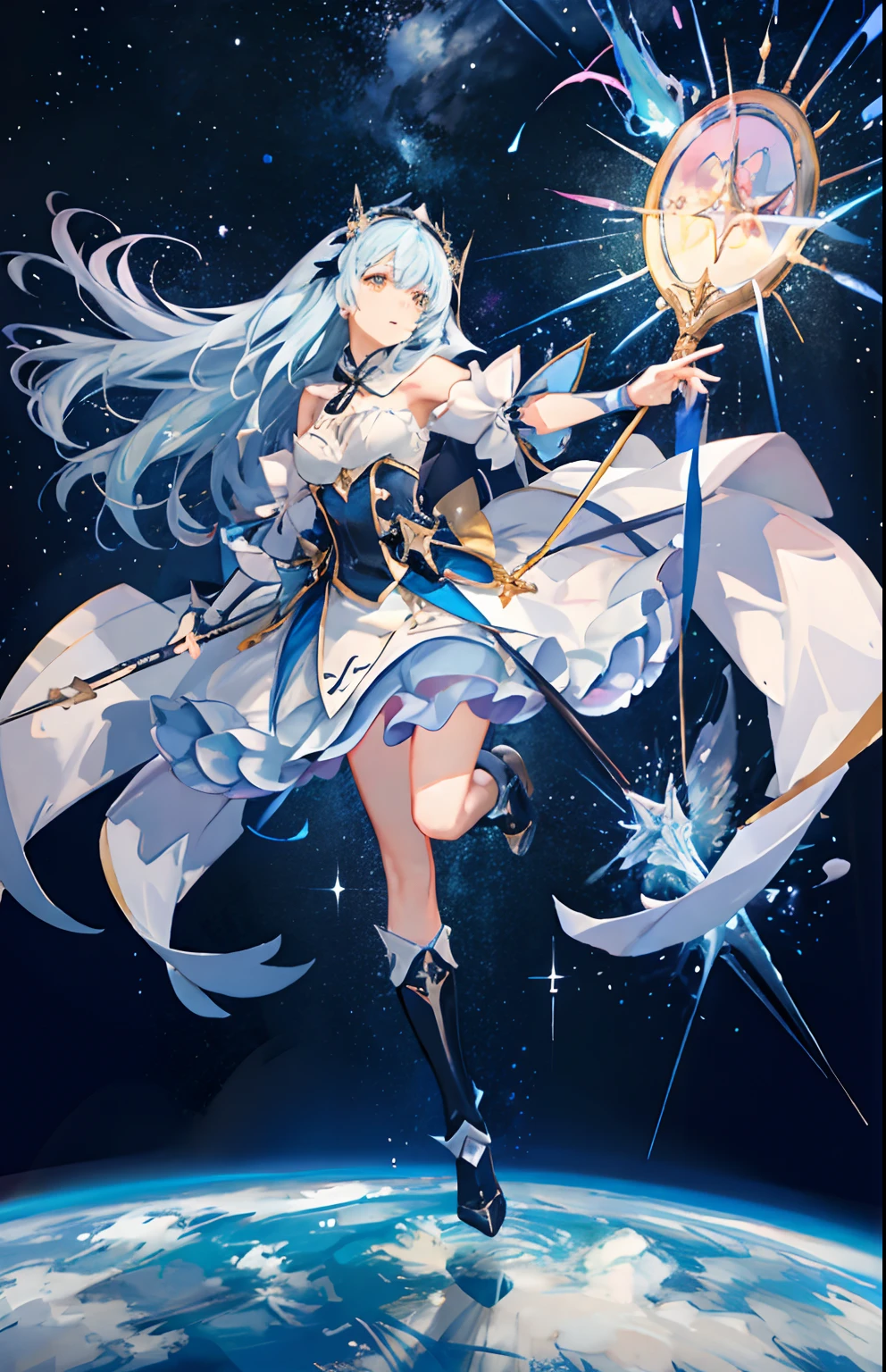 ice World,Ice Castle,Ice Queen,Ice Warrior,A sparkling and beautiful ice world,1girl,solo,long hair,looking at viewer,bangs,Blue eyes,skirt,hair ornament,gloves,holding,weapon,flower,white hair,choker,sword,hair flower,blunt bangs,cape,holding weapon,white skirt,blue flower,blue choker,blue cape,2D style,Girl,cute,cute,beautiful,From above,From the back,Thigh to head,Focus on the face,looking at the camera,look back,Get angry,Odd Eye,Gothic Fashion,armor,armor,Fantasy,Castle,blue sky,noon,sunny,full moon,snow,Lighting using airborne particles,ice World,Sword in right hand,A hawk perches on my left shoulder