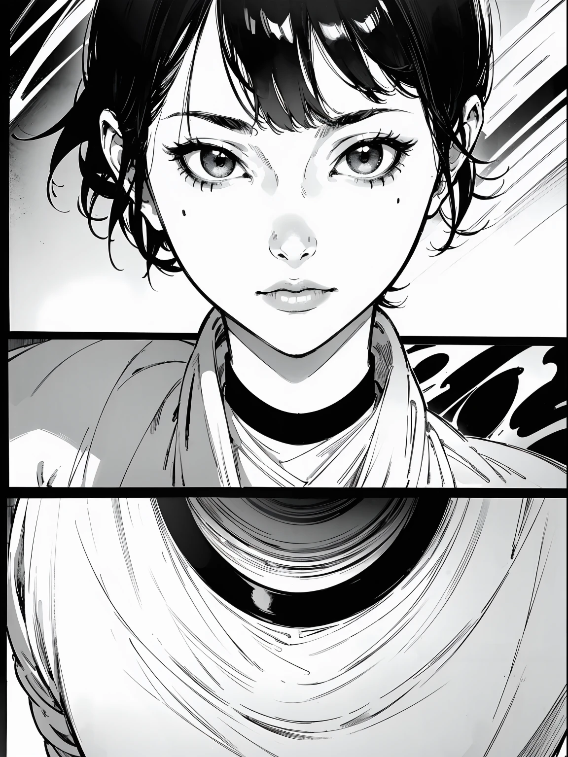 {4k image}, 1 beautiful manga woman, 30 years old, short black hair (pixie cut), pointed nose, thin lips, neutral expression, wearing black choker, grayscale, manga lineart (monochrome), {centered image}, {face portrait}