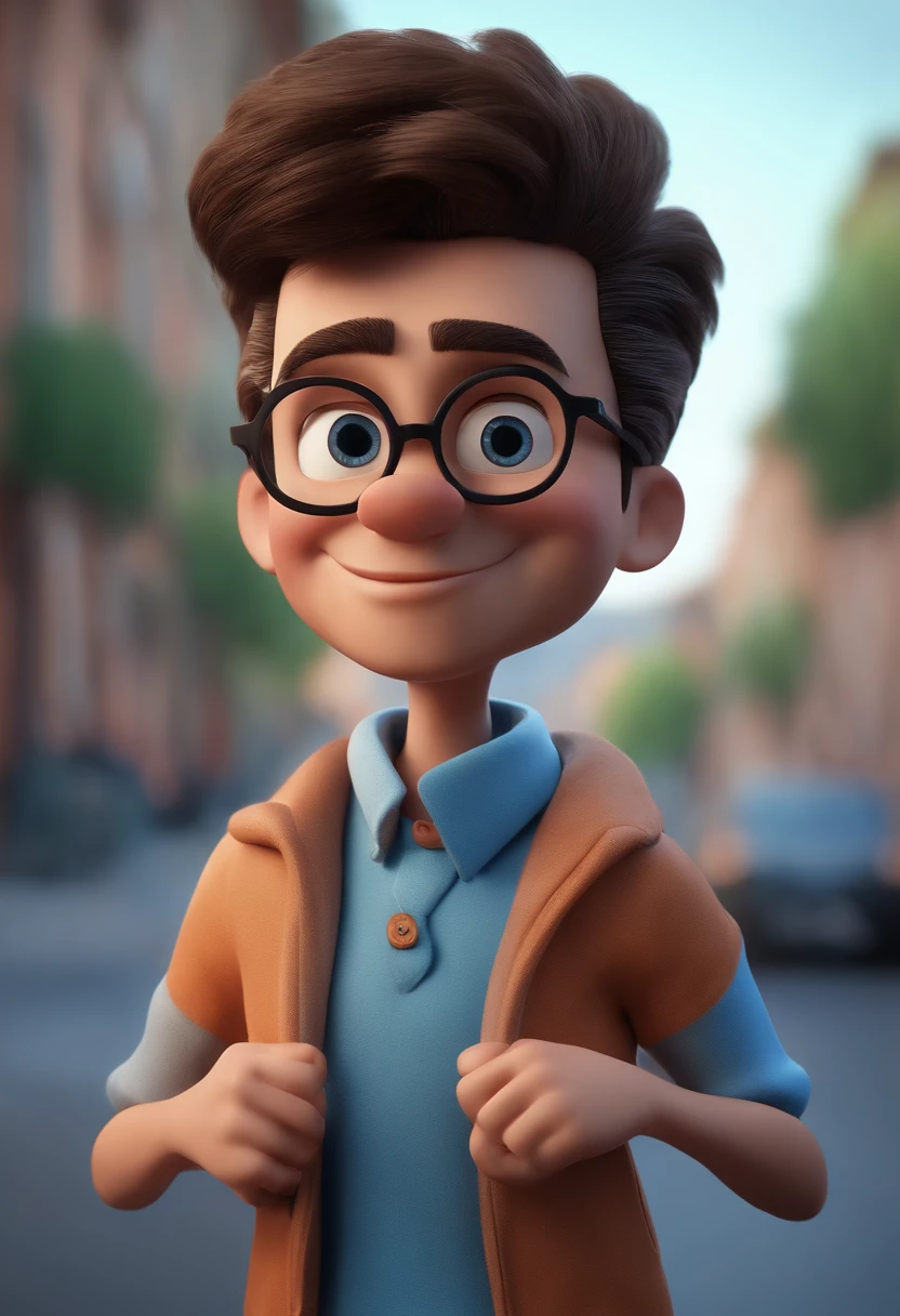 Cartoon character of a man with black glasses and a blue shirt, animation character, Caractere estilizado, animation style rendering, 3D estilizado, Arnold Maya render, 3 d render stylized, toon render keyshot, Personagem 3D, Personagem 3D, 3d rendering stylized, 3 d character render, personagem de desenho animado, Personagem de close up, Pose de personagem, (Estilo Pixar) (master part:1.2) (Bokeh) (best quality) (pele detalhada) (textura detalhada) (8k) (argila) (Cinematic lighting) (foco nítido