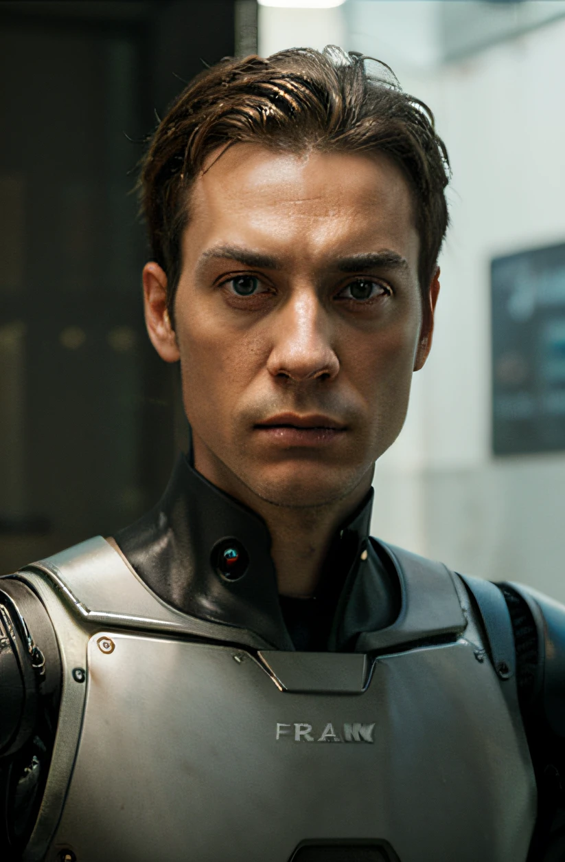 Robot man named Loiwa Frank green eyes look sad.