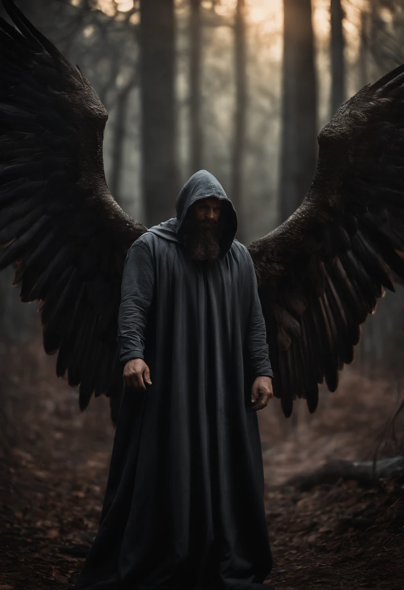 realista, 4k, An angel with big wings, 40 year old man with beard , una espada en las manos ,  ropa casual , con una sudadera con capucha, capucha sobre su cabeza ,en la imagen de fondo de una guerra (caos) demonios y oscuridad , maldad en el ambiente , fantasmas , demonios , guerrero alado listo para la lucha .