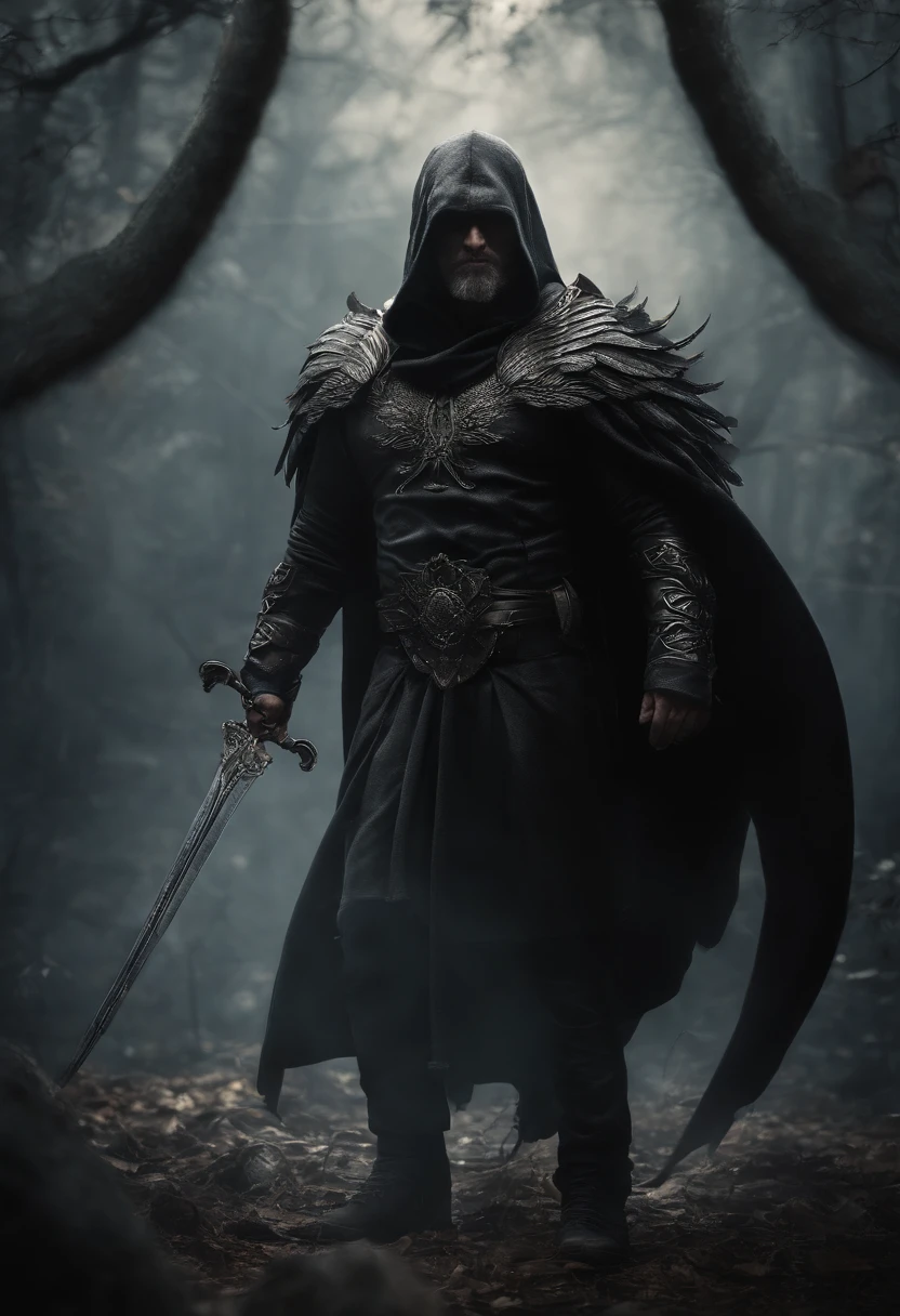 realista, 4k, An angel with big wings, 40 year old man with beard , una espada en las manos , ropa casual , con una sudadera con capucha, capucha sobre su cabeza ,en la imagen de fondo de una guerra (caos) demonios y oscuridad , maldad en el ambiente , fantasmas , demonios , guerrero alado listo para la lucha .