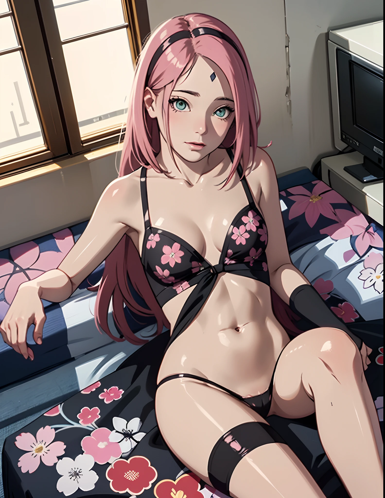 Sakura Haruno, 1 joven, , Rostro y maquillaje perfectos, gothic style, cabello rosa claro, ((Pale skin)), De acuerdo, Cara detallada, In her room lying on her bed with her legs apart, ((very small breasts)) Wearing a small black thong with a floral print rich in details, Its large size is marked, Cuerpo de reloj de arena, Cintura delgada, perfecto, the highest picture quality, textura realista de la piel, foto RAW, taken by Canos EOS R5 camera, NSFW, nudes