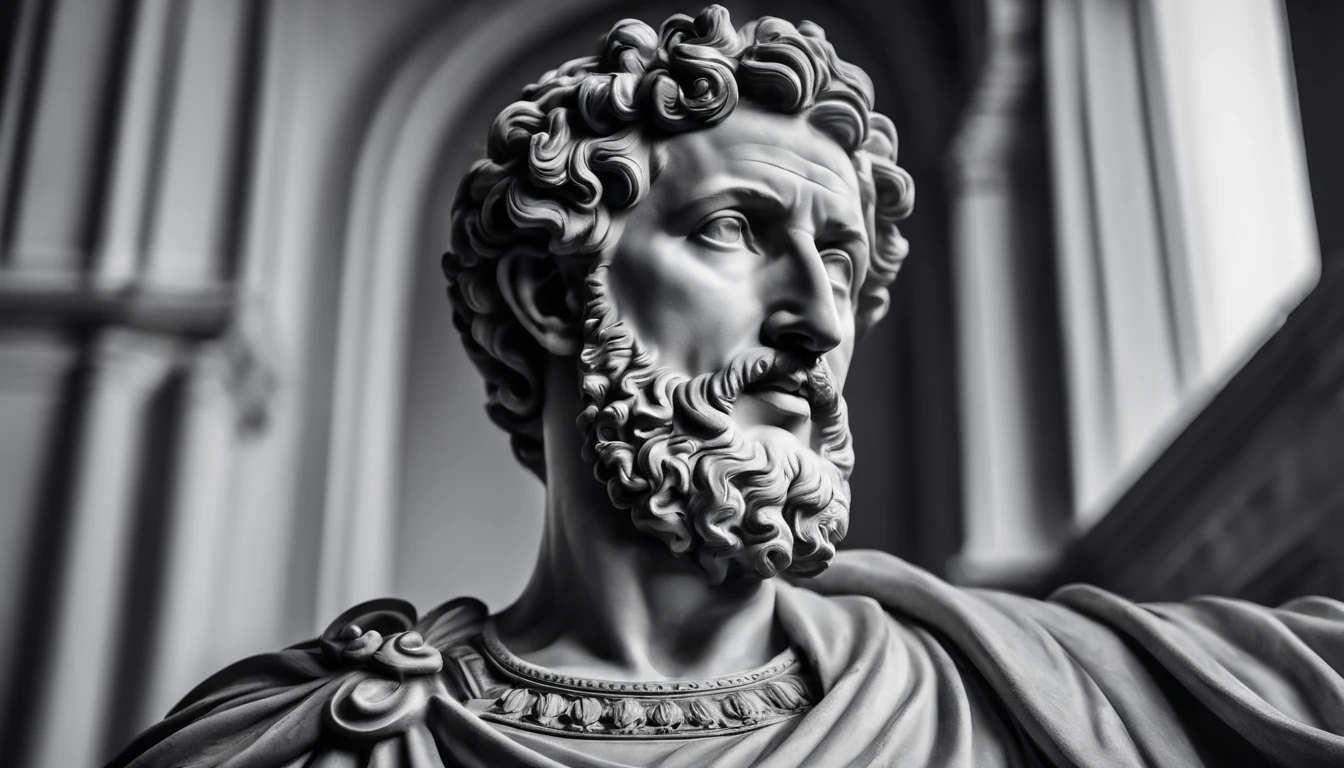 a portrait statue of the stoic Marcus Aurelius in black and white 4K,Face de lado, papel de parede super realista