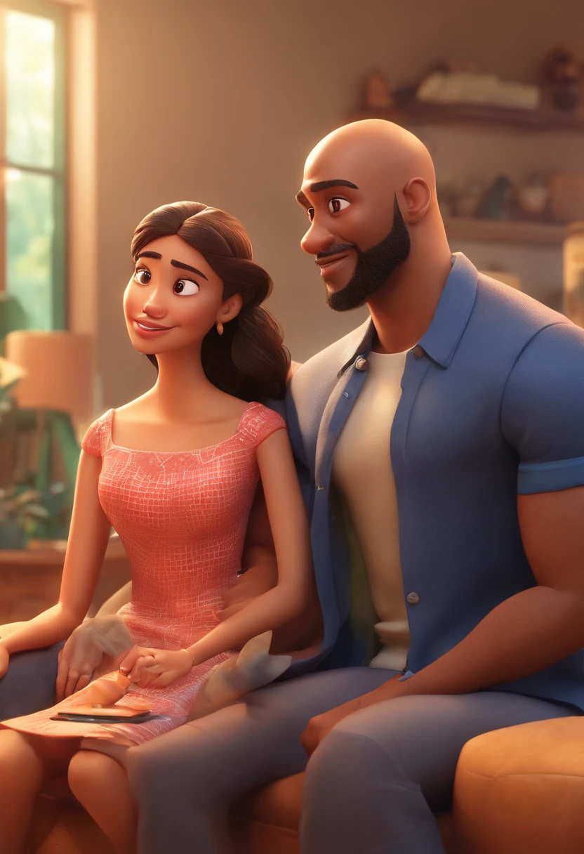 An illustration of an adorable couple, destacando um homem e uma mulher com bonito, Expressive eyes – the man's skin is black and the man's hair is bald and black, while the woman's skin is black and the woman's hair is curly and brown. They are a bright room, cada um com um rosto triste , e compartilhar um celular quebrado . Illustrate this scene from a perspective where they are watching the broken cell phone rap away from the camera, Mostrando celular . Desenvolva esta arte em Full HD, Focus on your cinematic touch, Estilo Disney Pixar Animations