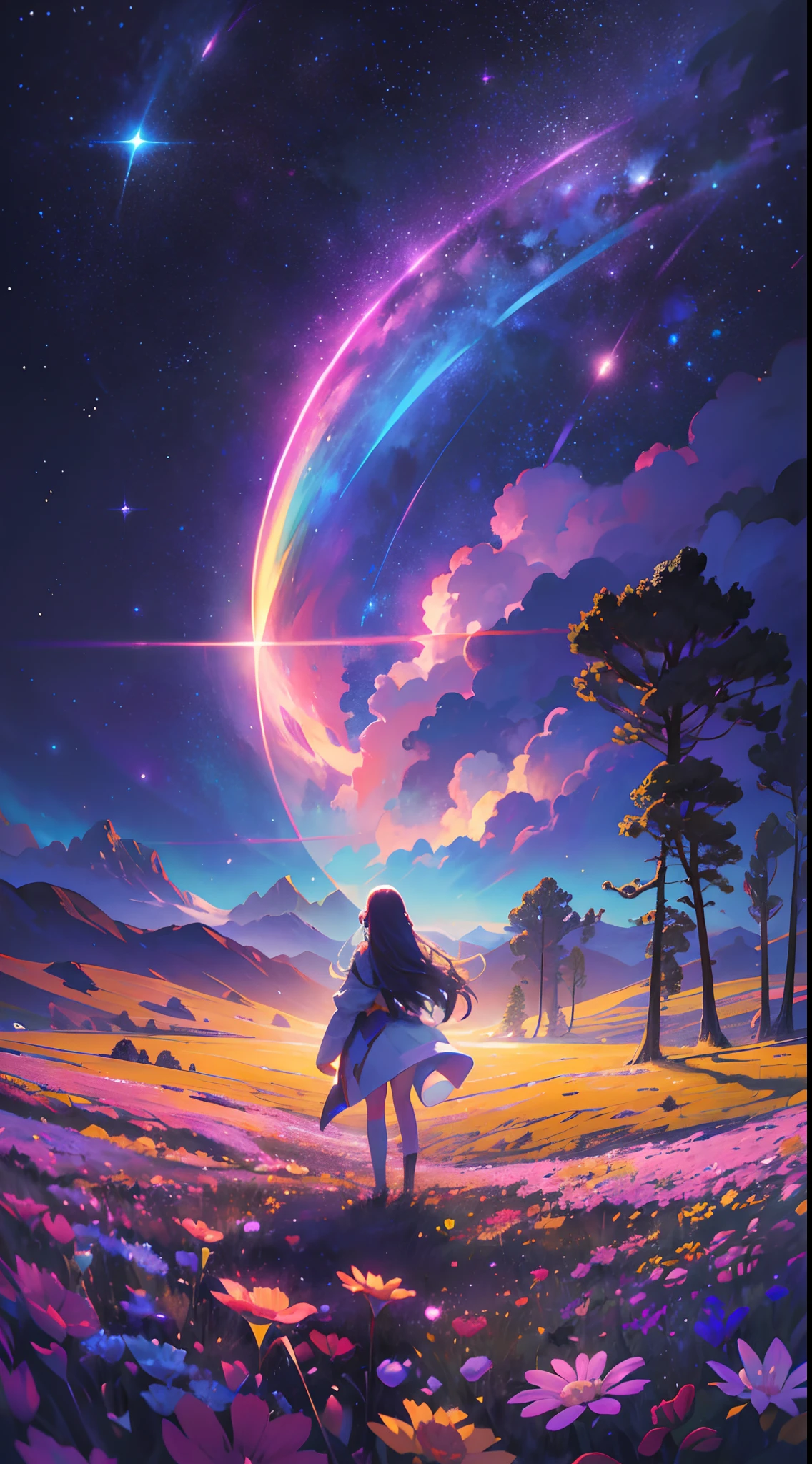 Vast landscape photo, (viewed from below, the sky is above and the open field is below), a girl standing in an empty field looking up, (full moon, psychedelic moon: 1.2), (meteor showers: 0.9), (nebula, cosmic: 1.3), distant mountains , Trees BREAK Crafting Art, (Warm Light: 1.2), Lights, Lots of cosmic colors, perfect color scheme, Intricate Details, Volumetric Lighting, Realism BREAK (perfect Masterpiece: 1.2), (Best Quality, best resolution), 4k, Ultra-Detailed, (Dynamic Composition, perfect composition: 1.4), Very Detailed, Colorful Details, (Rainbow Colors, vibrant colors, cosmic colors: 1.2), (Glow Lighting, Atmospheric Lighting), Dreamy, Magical, enchanted, cosmic, psychedelic, atmospheric, aesthetic, dreamlike (Solo: 1.2)
