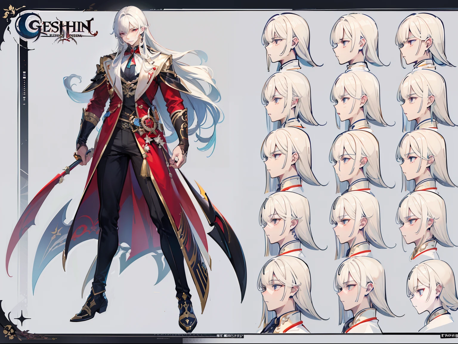 ((Masterpiece, Highest quality)), Male, boy, Detailed face, character design sheet, full bodyesbian, Full of details, frontal body view, back body view, Highly detailed, Depth, Many parts, Muscle boy with white long hair,handsome man, vampire outfit clothes, Genshin Impact, man tall