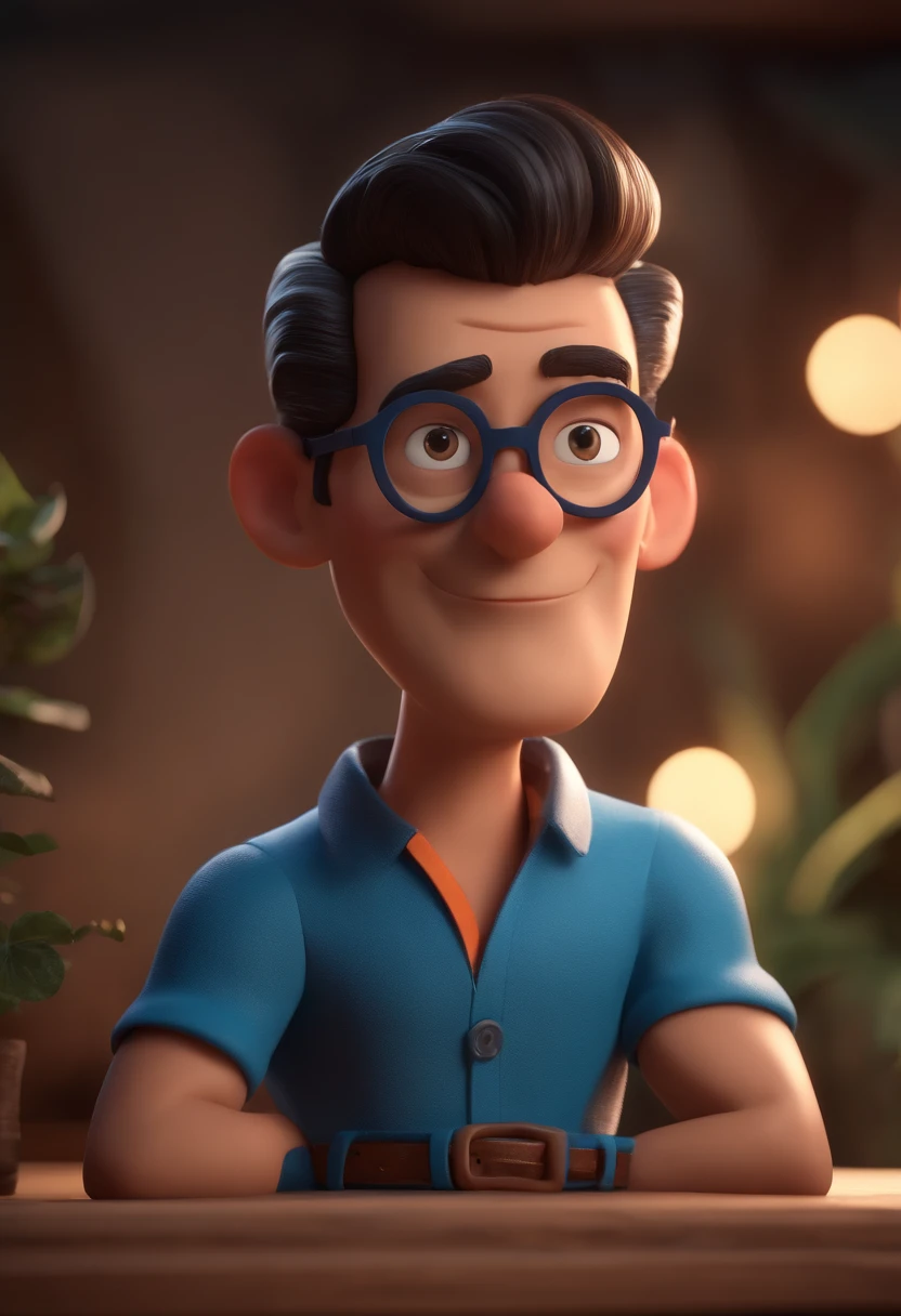 Cartoon character of a man with black glasses and a blue shirt, animation character, Caractere estilizado, animation style rendering, 3D estilizado, Arnold Maya render, 3 d render stylized, toon render keyshot, Personagem 3D, Personagem 3D, 3d rendering stylized, 3 d character render, personagem de desenho animado, Personagem de close up, Pose de personagem, (Estilo Pixar) (master part:1.2) (Bokeh) (best quality) (pele detalhada) (textura detalhada) (8k) (argila) (Cinematic lighting) (foco nítido