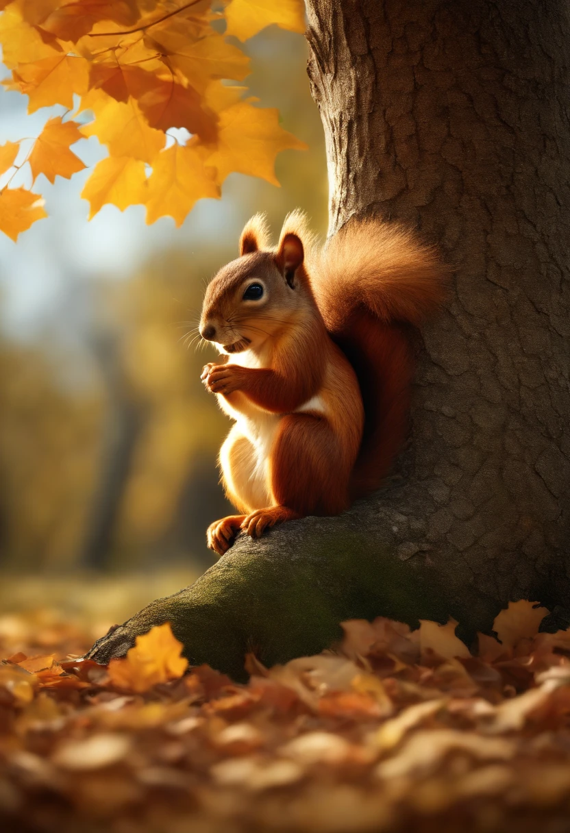 (8K, 16 k, awardwinning, of the highest quality, high resolution, Super detailed, Textured skin, Anatomically correct, Photorealistic, RAW photo, masutepiece: 1.3), (1 girl), Squirrel and girl, (The big girl sits on the ground under the tree with her eyes closed: 1.3), aerial view from above, The book is open-ended, There are acorns in the book, (The squirrel holds an acorn in his hand: 1.2), Autumn leaf tree, idyllic scenery, Healing, Autumn, falling leaf, Leaning against a tree, Detailed fingers, Detailed legs, Detailed face,