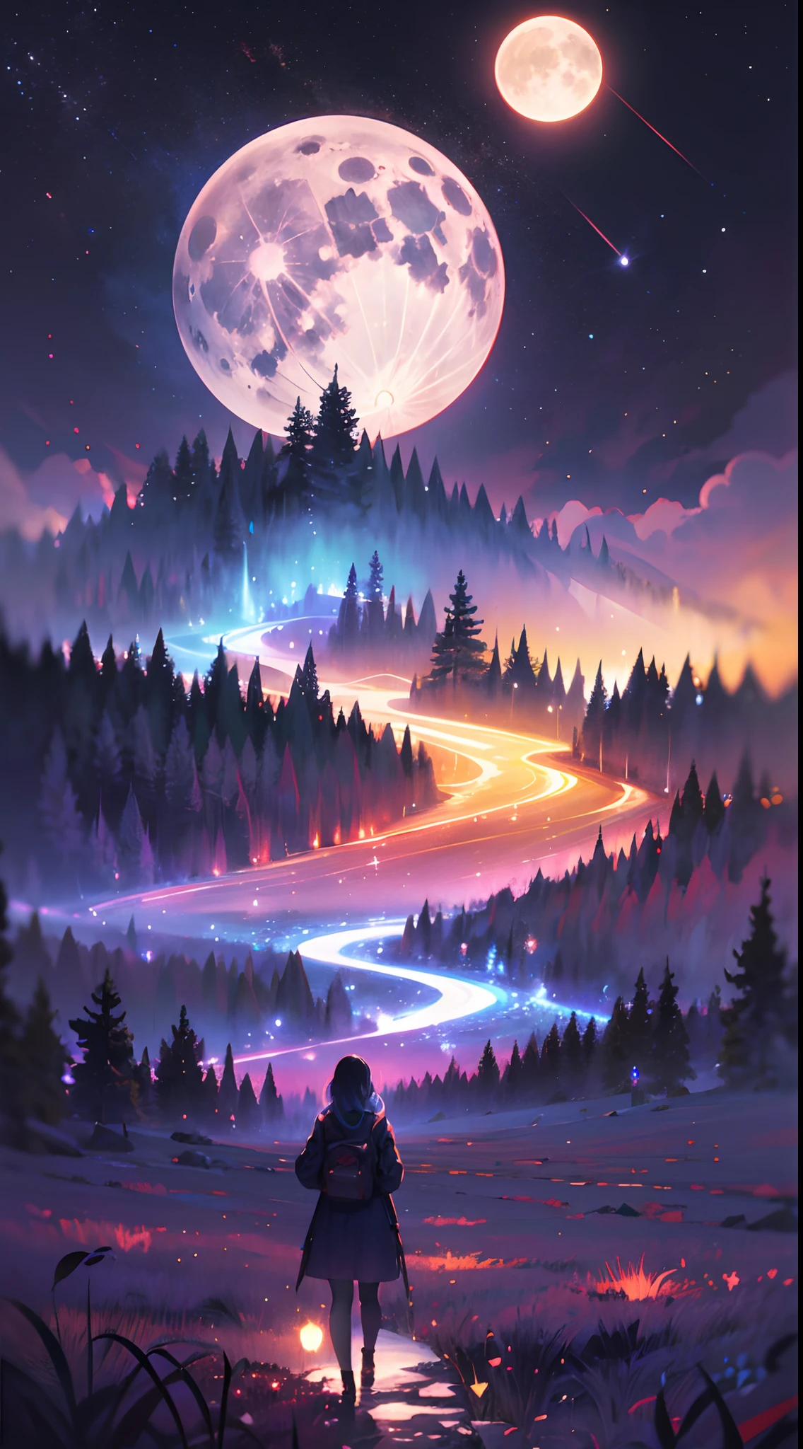 Vast landscape photo, (viewed from below, the sky is above and the open field is below), a girl standing in an empty field looking up, (full moon, psychedelic moon: 1.2), (meteor showers: 0.9), (nebula, cosmic: 1.3), distant mountains , Trees BREAK Crafting Art, (Warm Light: 1.2), Lights, Lots of cosmic colors, perfect color scheme, Intricate Details, Volumetric Lighting, Realism BREAK (perfect Masterpiece: 1.2), (Best Quality, best resolution), 4k, Ultra-Detailed, (Dynamic Composition, perfect composition: 1.4), Very Detailed, Colorful Details, (Rainbow Colors, vibrant colors, cosmic colors: 1.2), (Glow Lighting, Atmospheric Lighting), Dreamy, Magical, enchanted, cosmic, psychedelic, atmospheric, aesthetic, dreamlike (Solo: 1.2)