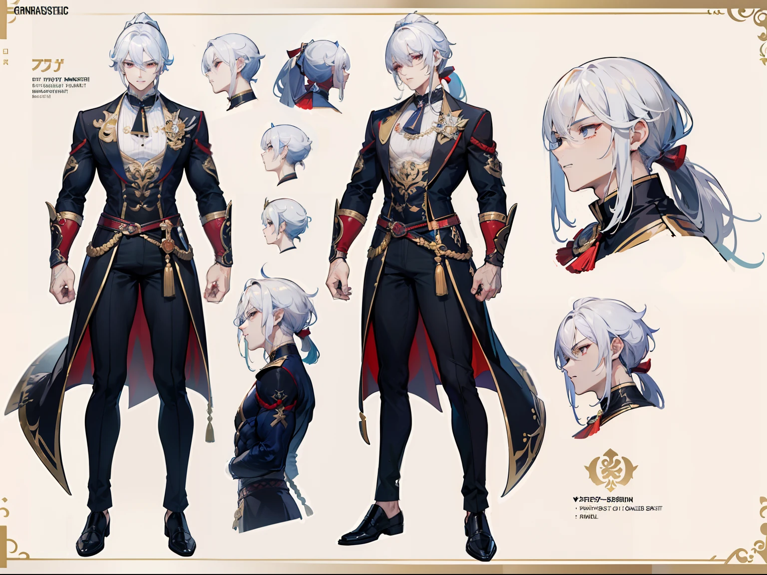 ((Masterpiece, Highest quality)), Male, boy, Detailed face, character design sheet, full bodyesbian, Full of details, frontal body view, back body view, Highly detailed, Depth, Many parts, Muscle boy with ponytail long white hair,handsome man, muscle body, vampire outfit clothes, Genshin Impact, man tall, pectoral muscles, abs